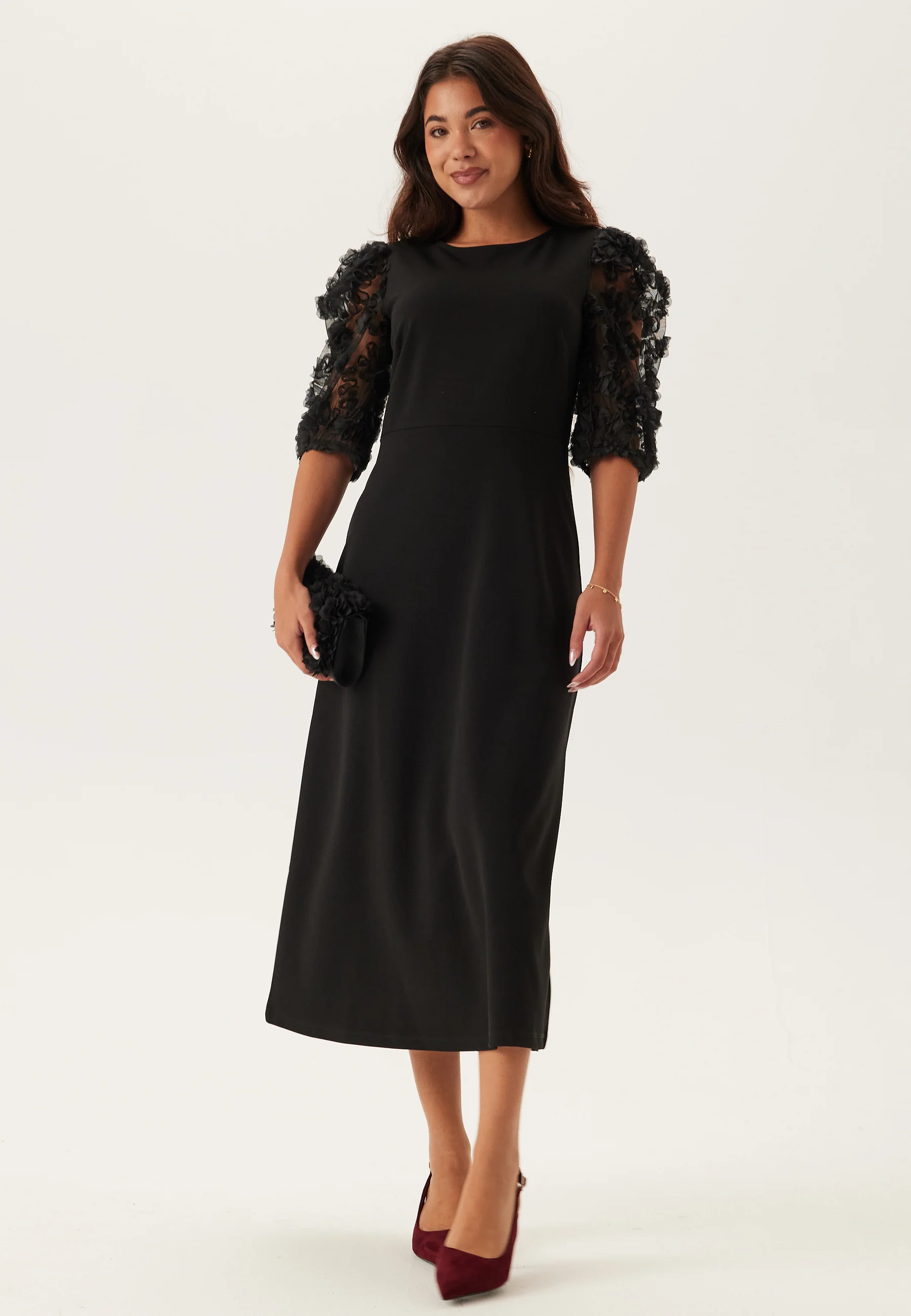 3D Floral Sleeve Midi Dress