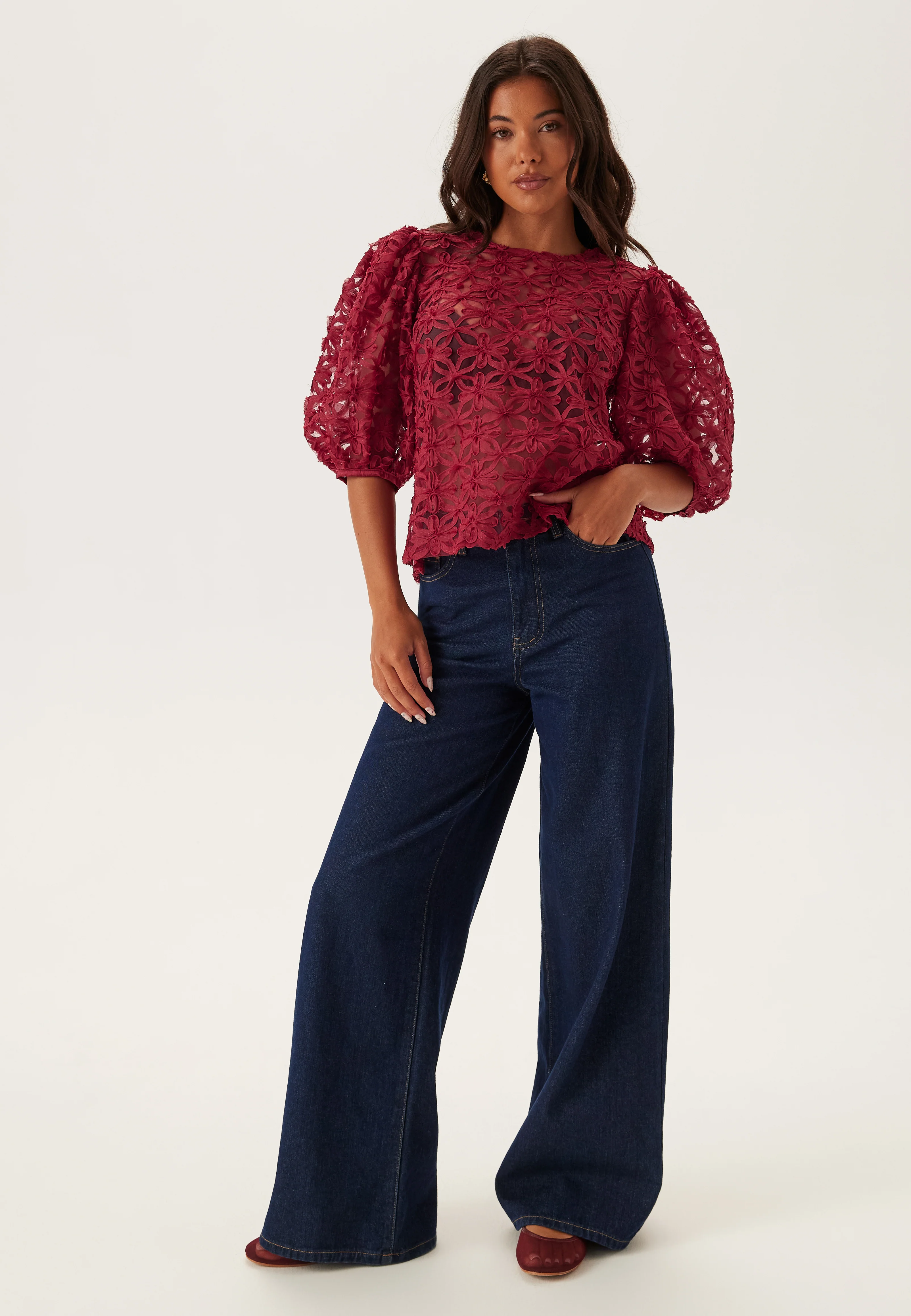 3D Flower Puff Sleeve Blouse - Image 2