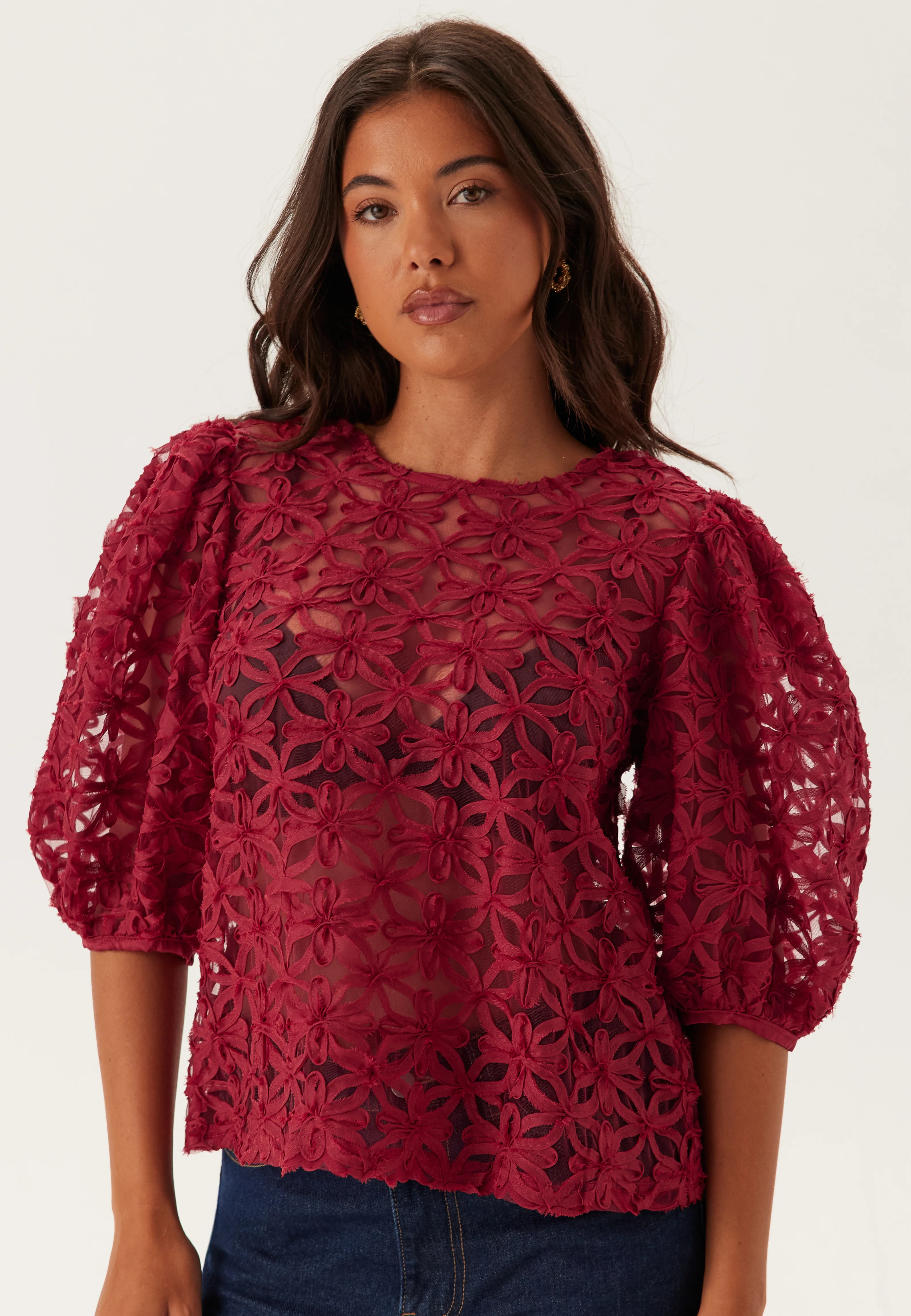 3D Flower Puff Sleeve Blouse - Image 3