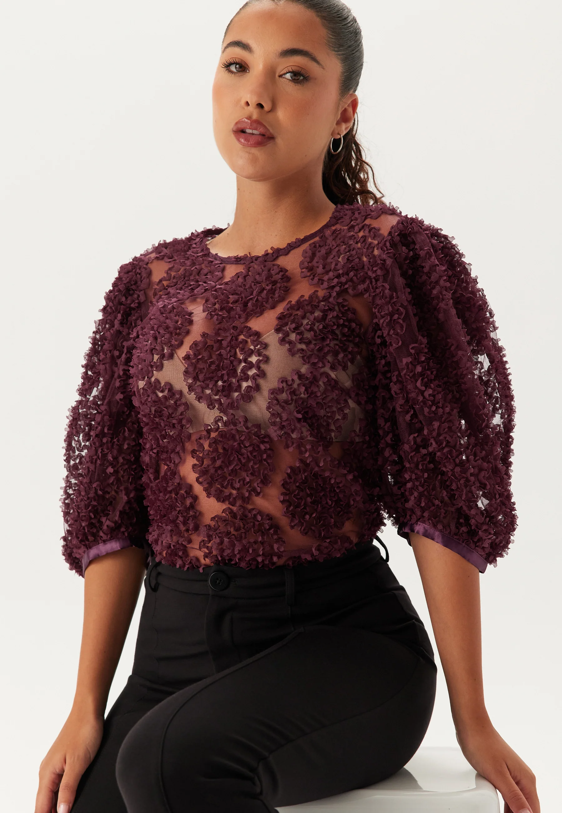 3D Flower Puff Sleeve Blouse