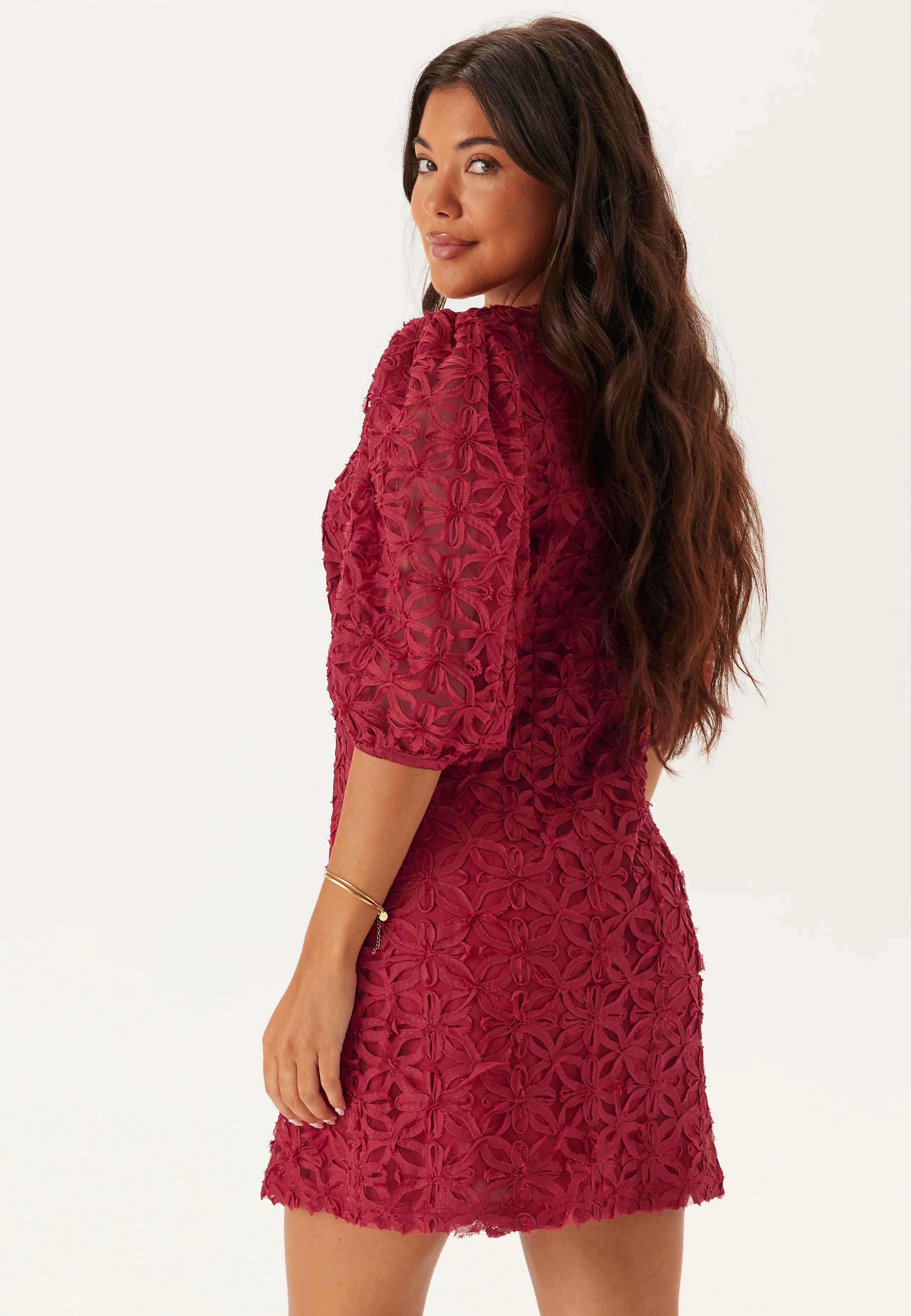 3D Flower Puff Sleeve Dress - Image 4