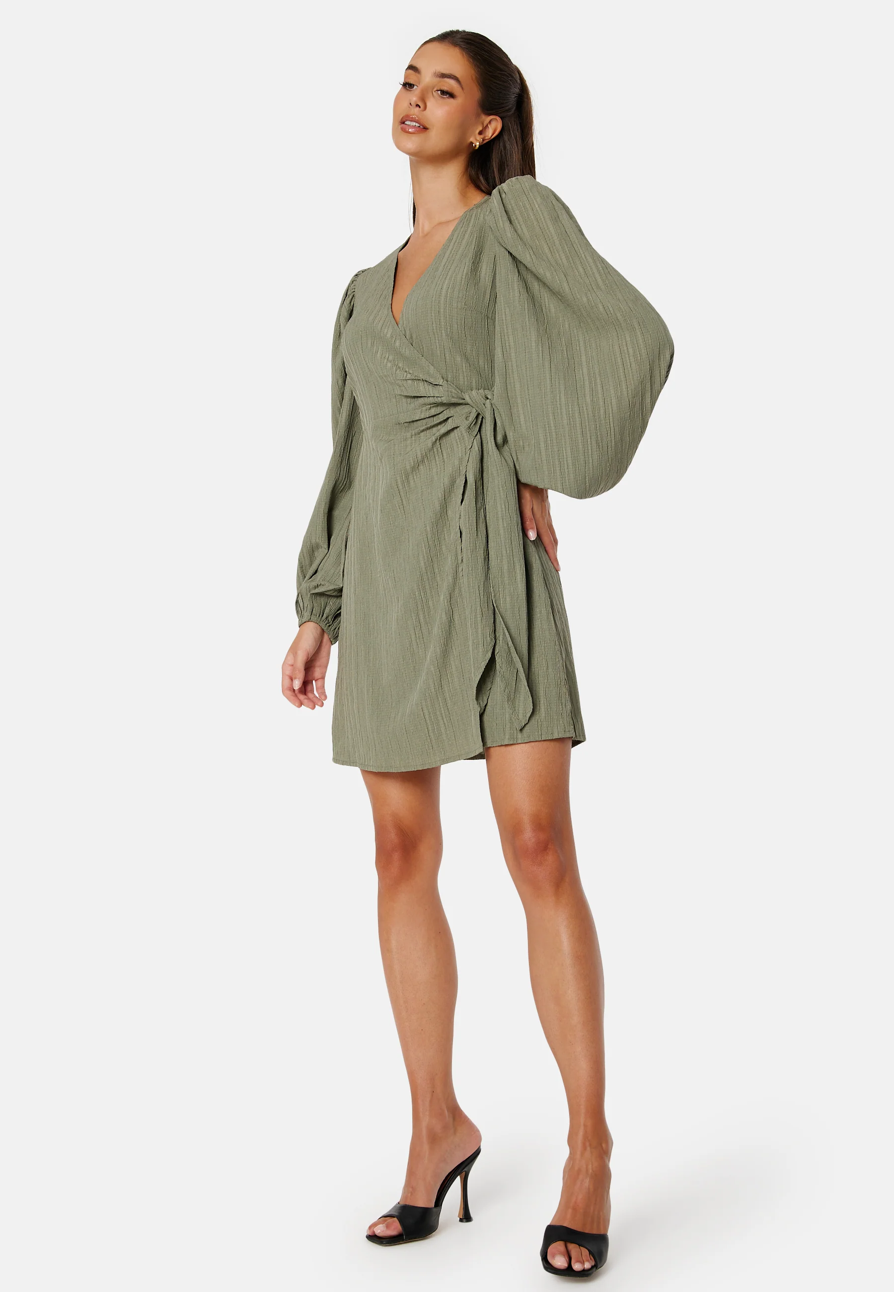Balloon Sleeve Structured Wrap Dress - Image 3