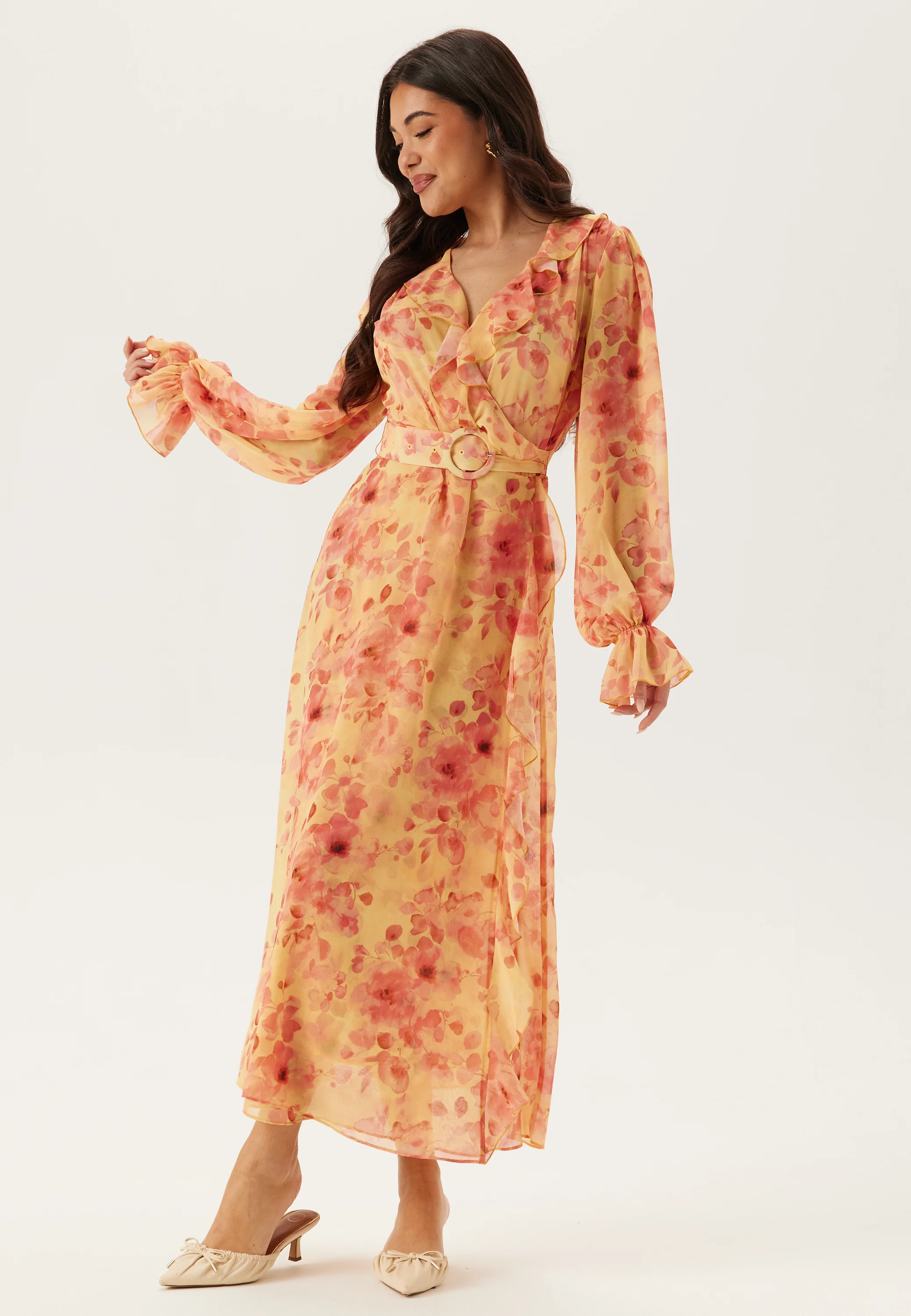 Belted Chiffon Midi Dress