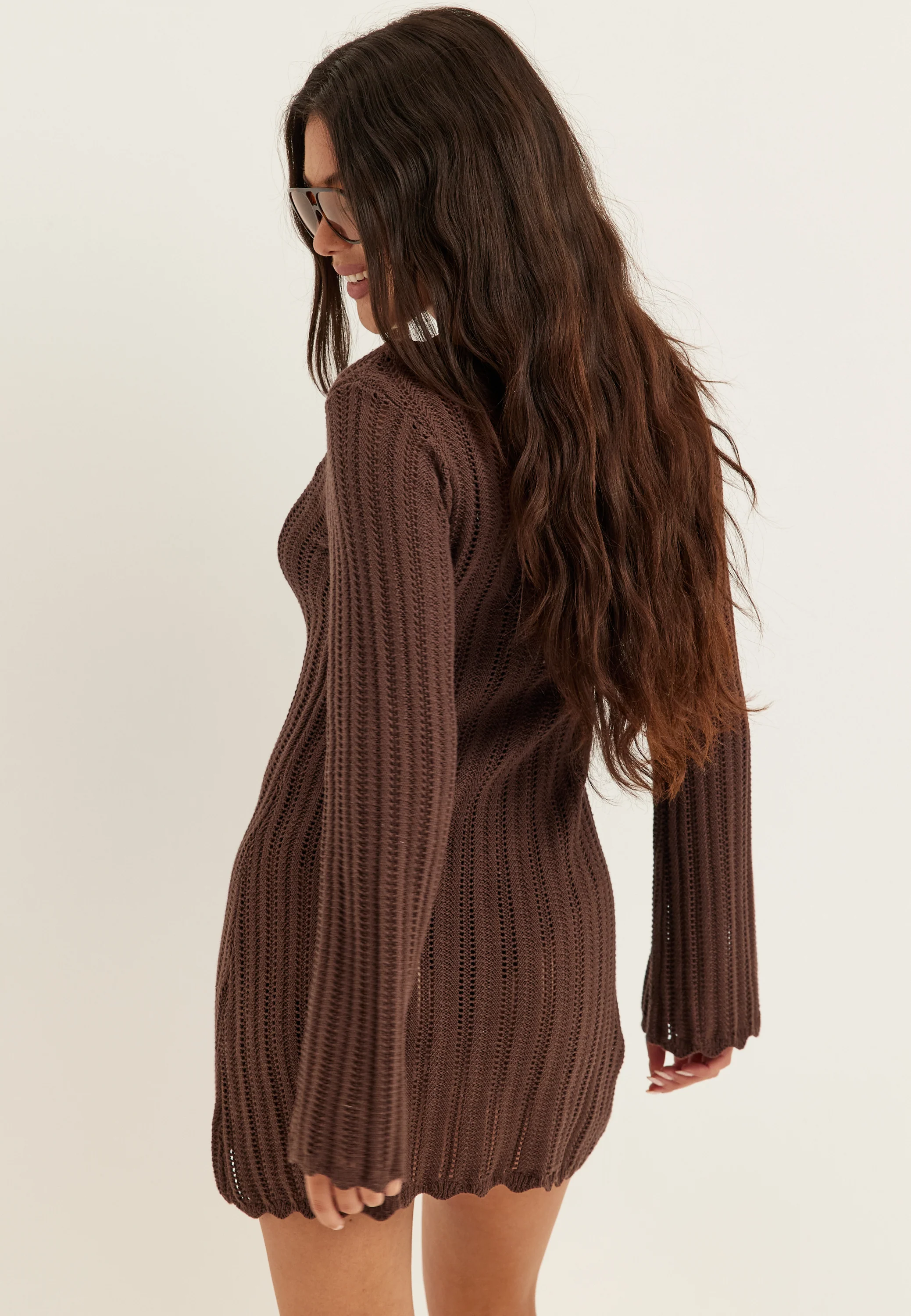 Boat Neck Structure Knitted Short Dress - Image 4