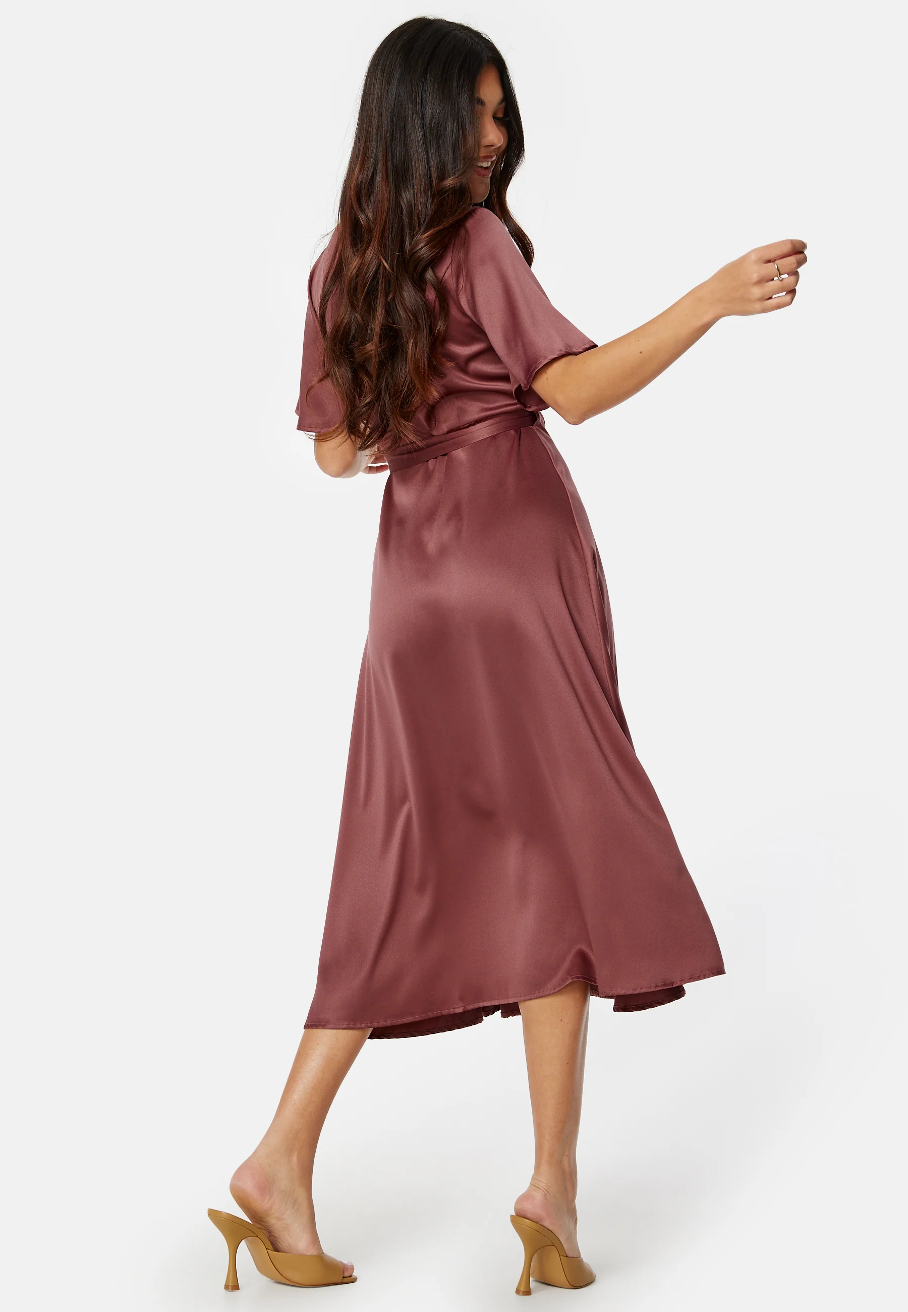 Butterfly Sleeve Wrap Satin Midi Dress - Image 2