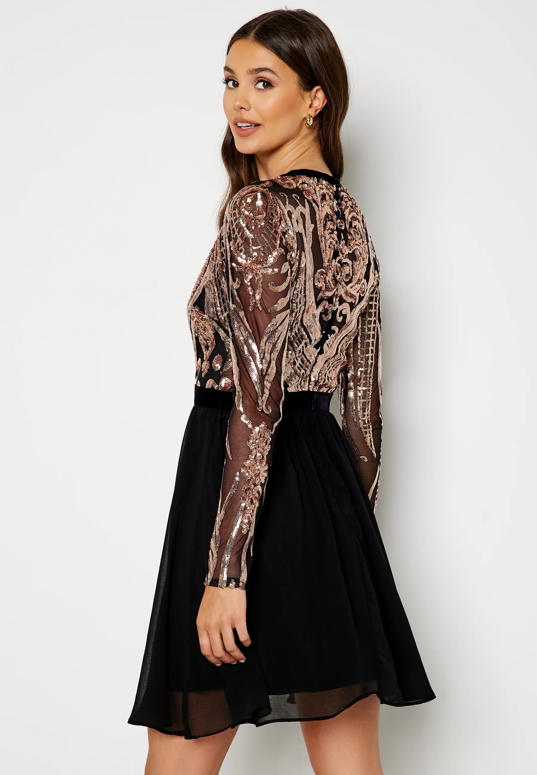 Deep V Sequin Bodice Skater Dress - Image 3