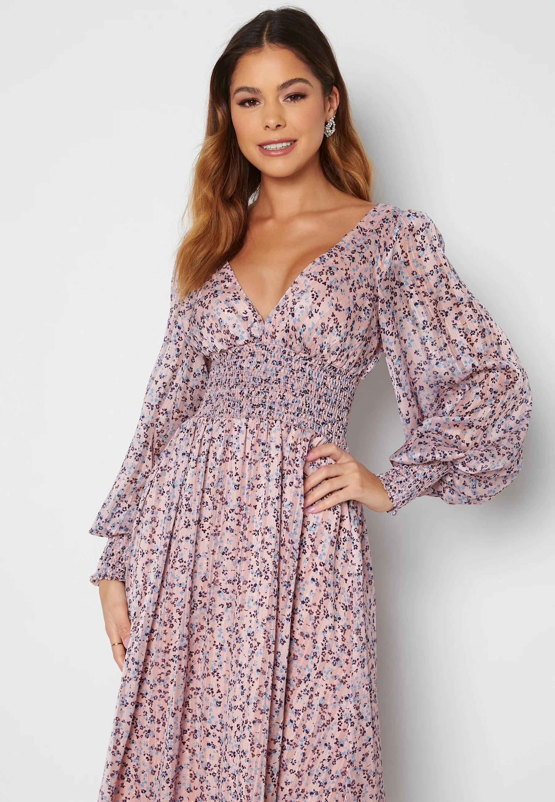 Ditsy Long Sleeve Shirred Midi Dress - Image 3