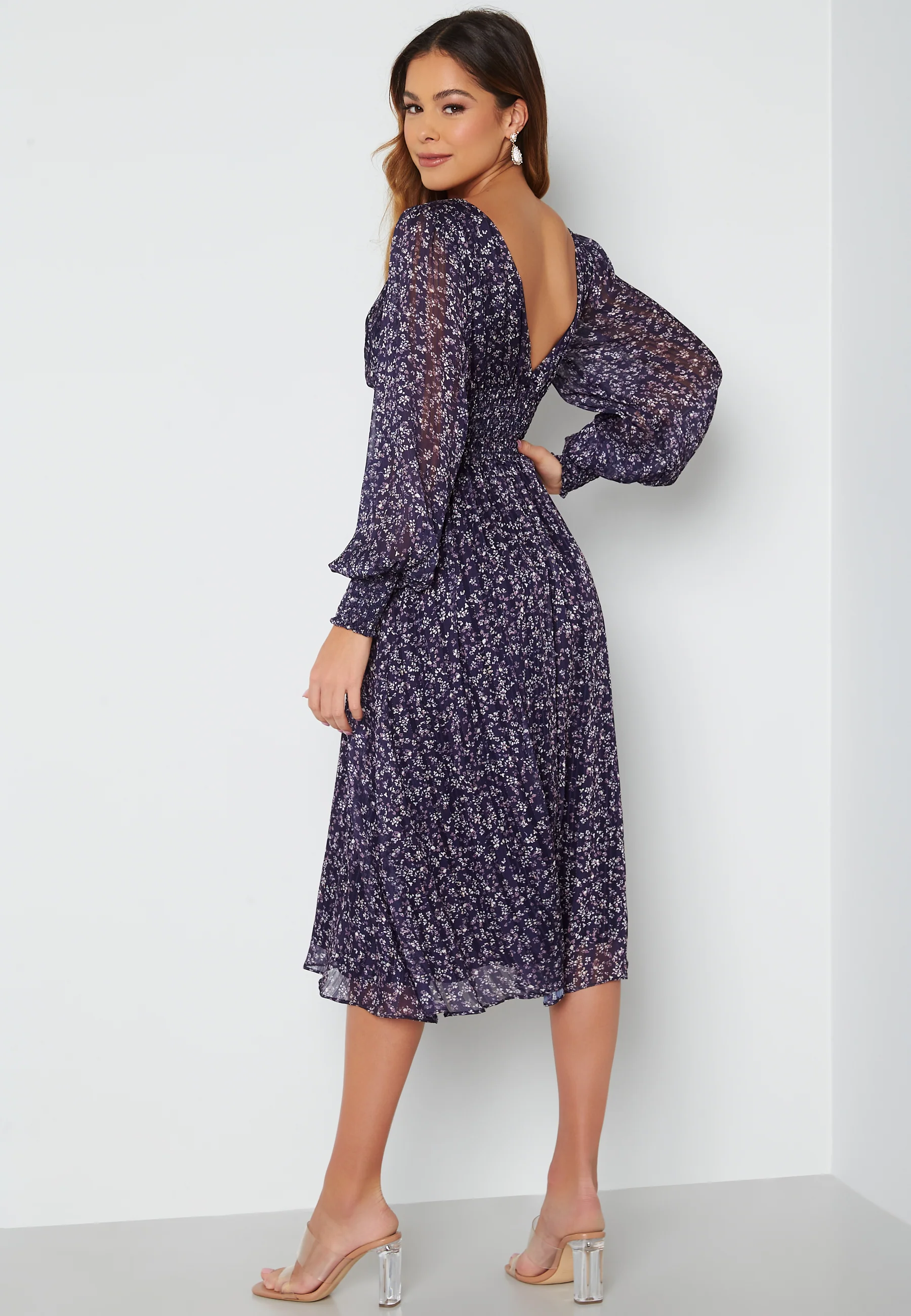 Ditsy Long Sleeve Shirred Midi Dress - Image 2