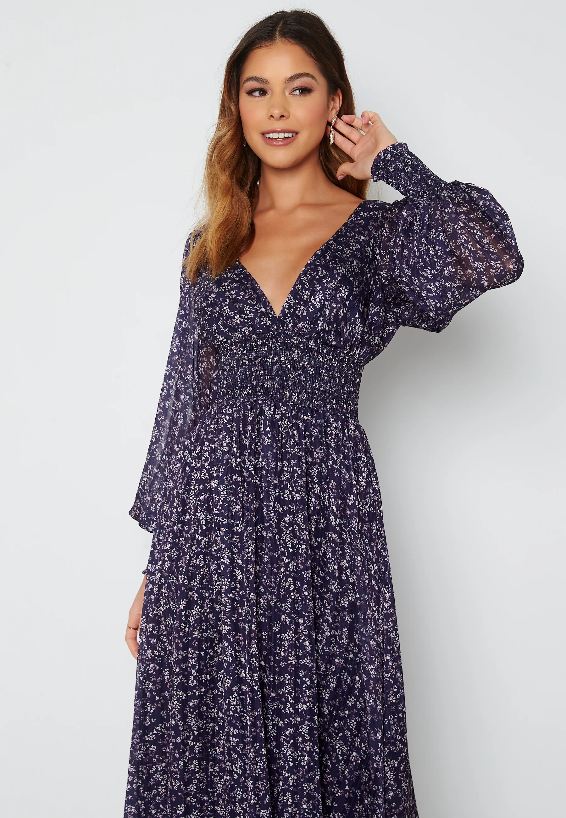 Ditsy Long Sleeve Shirred Midi Dress - Image 3