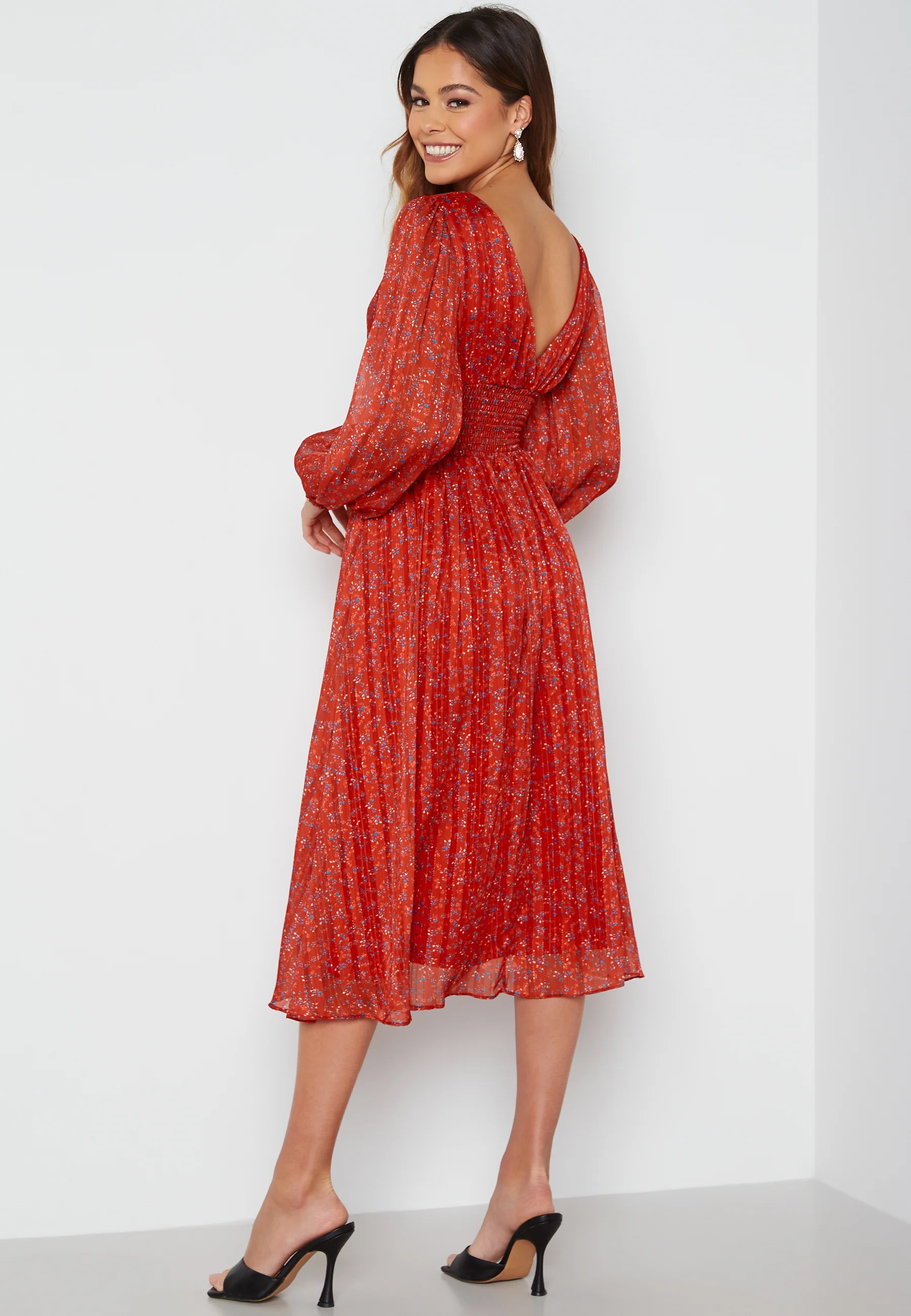 Ditsy Long Sleeve Shirred Midi Dress - Image 2