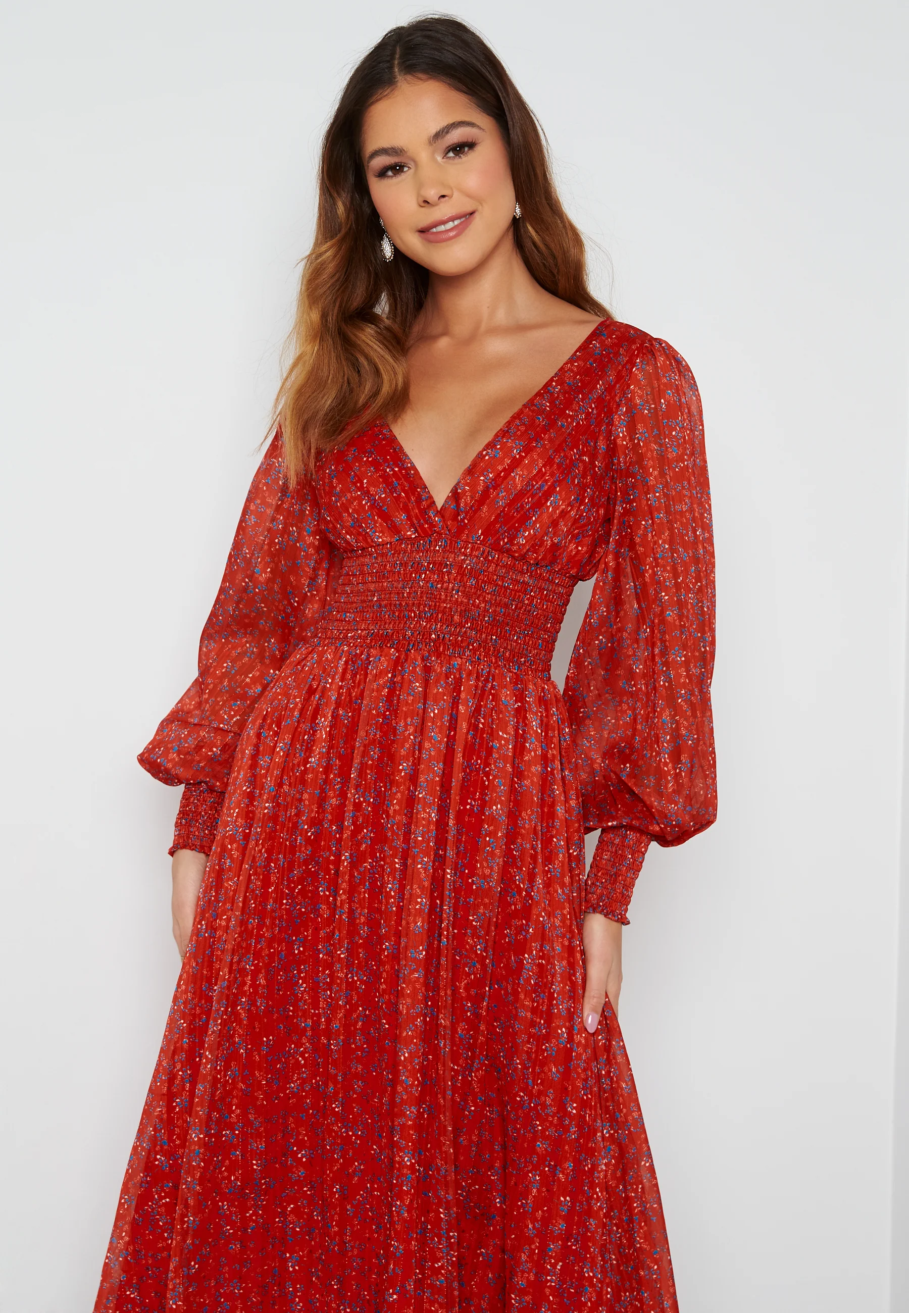 Ditsy Long Sleeve Shirred Midi Dress - Image 3