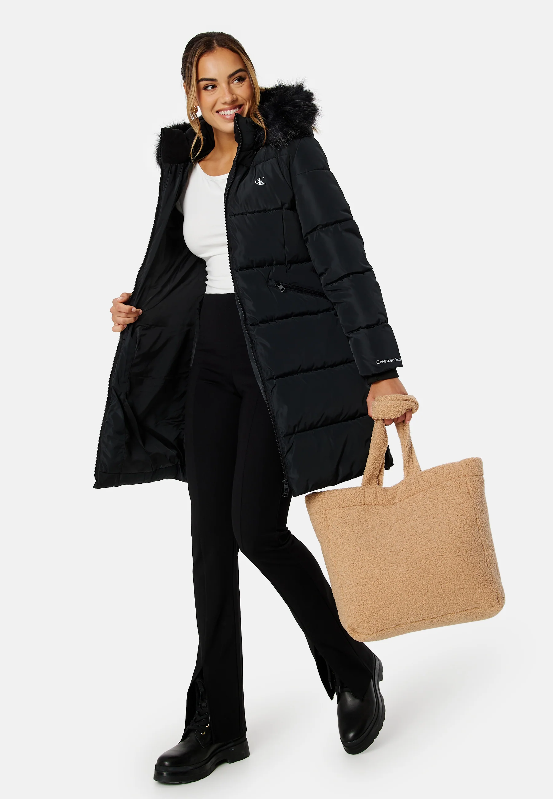Faux Fur Hooded Fitted Long Jacket - Image 3