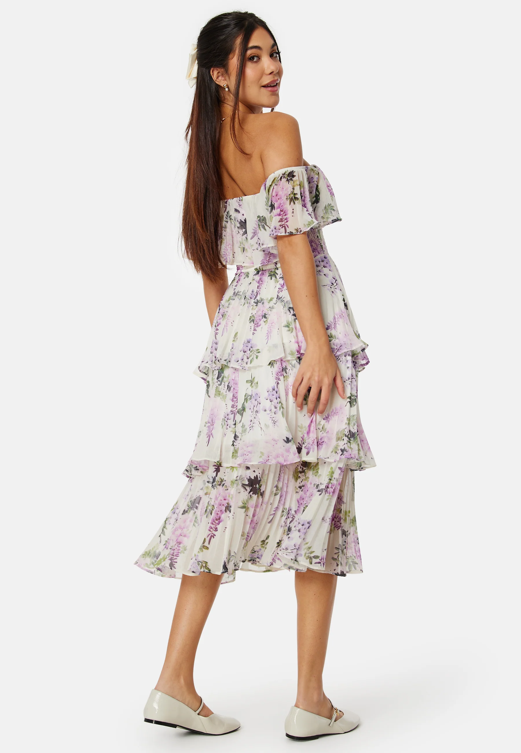 Floral Bardot Pleated Midi Dress - Image 2