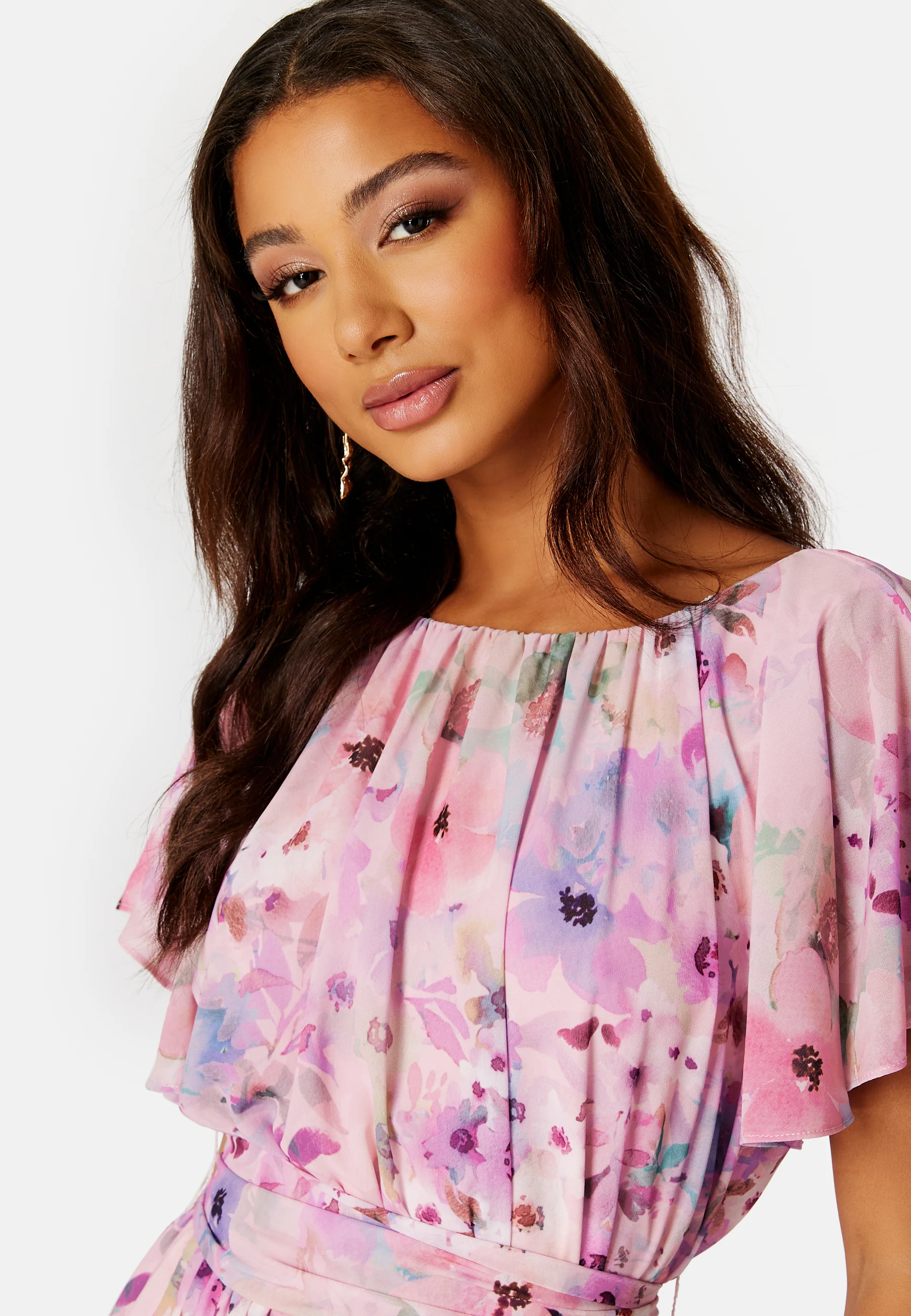 Floral Flutter Chiffon Open Back Maxi Dress - Image 5