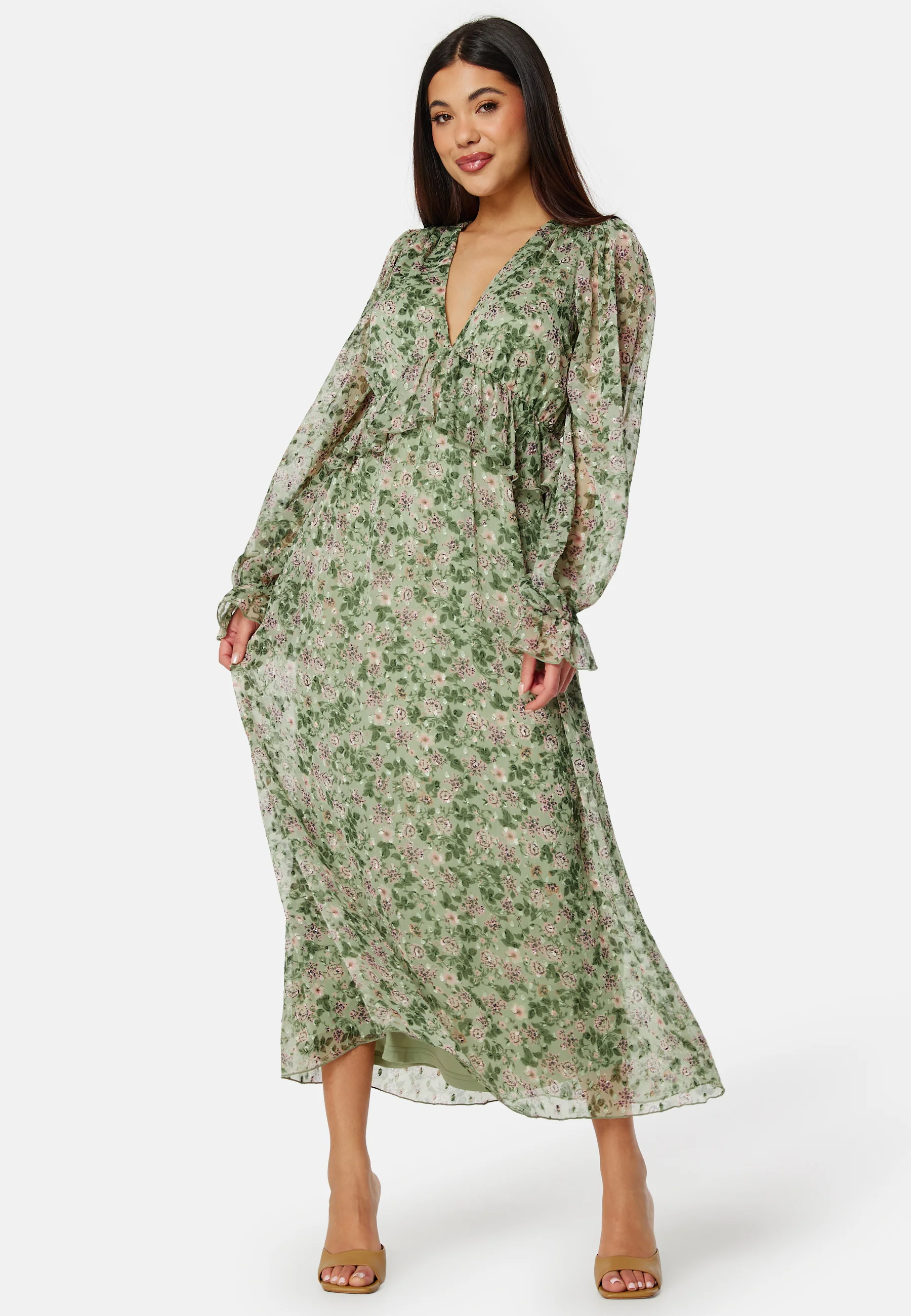 Frill L/S Chiffon Midi Dress - Image 2