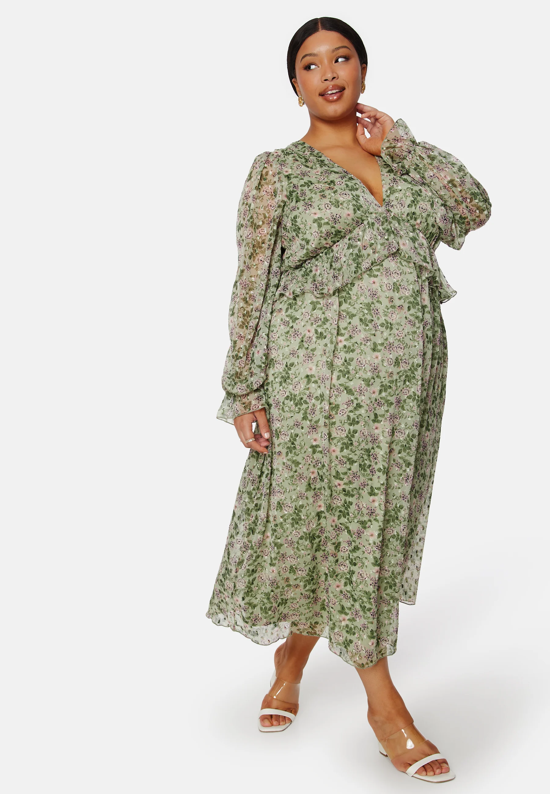 Frill L/S Chiffon Midi Dress - Image 5