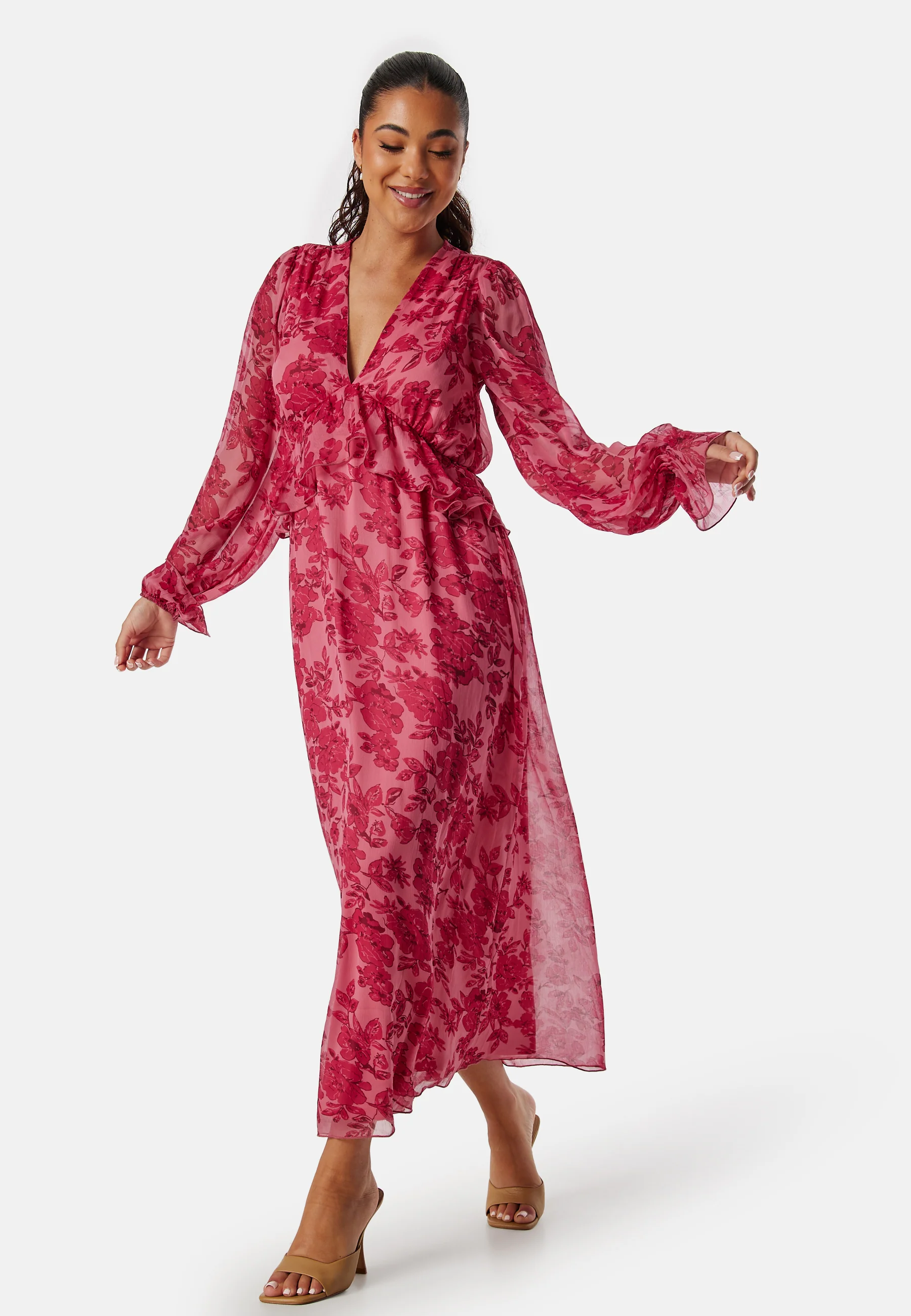 Frill L/S Chiffon Midi Dress