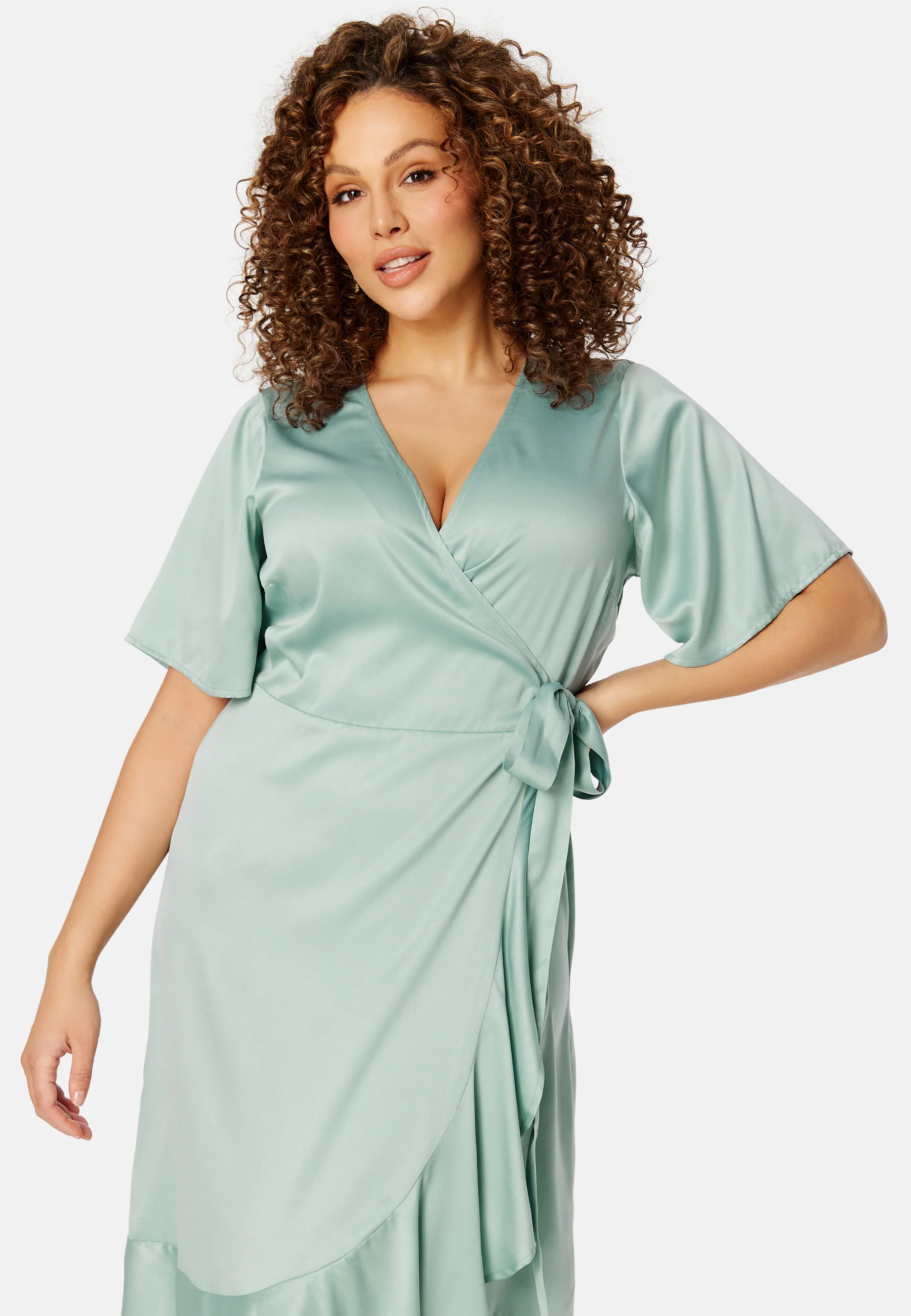 Frill Wrap Satin Midi Dress - Image 6