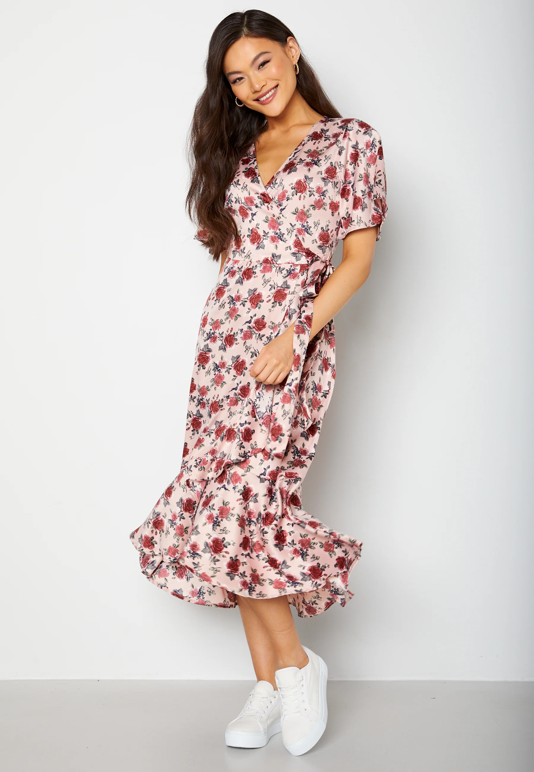Frill Wrap Satin Midi Dress