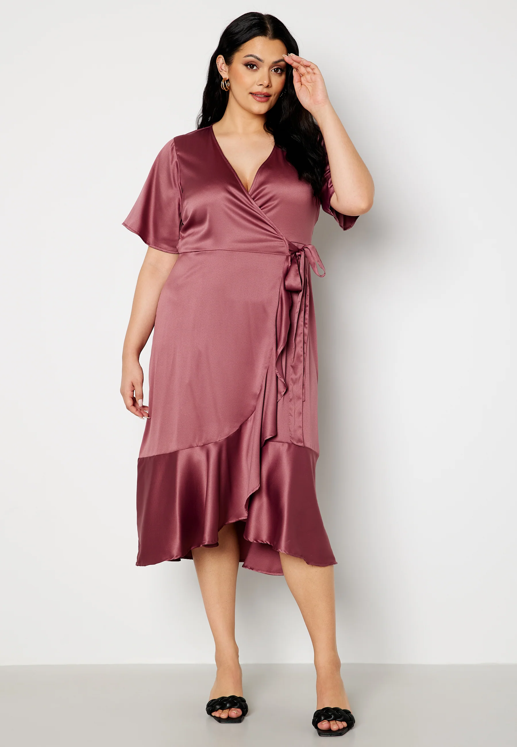 Frill Wrap Satin Midi Dress - Image 5