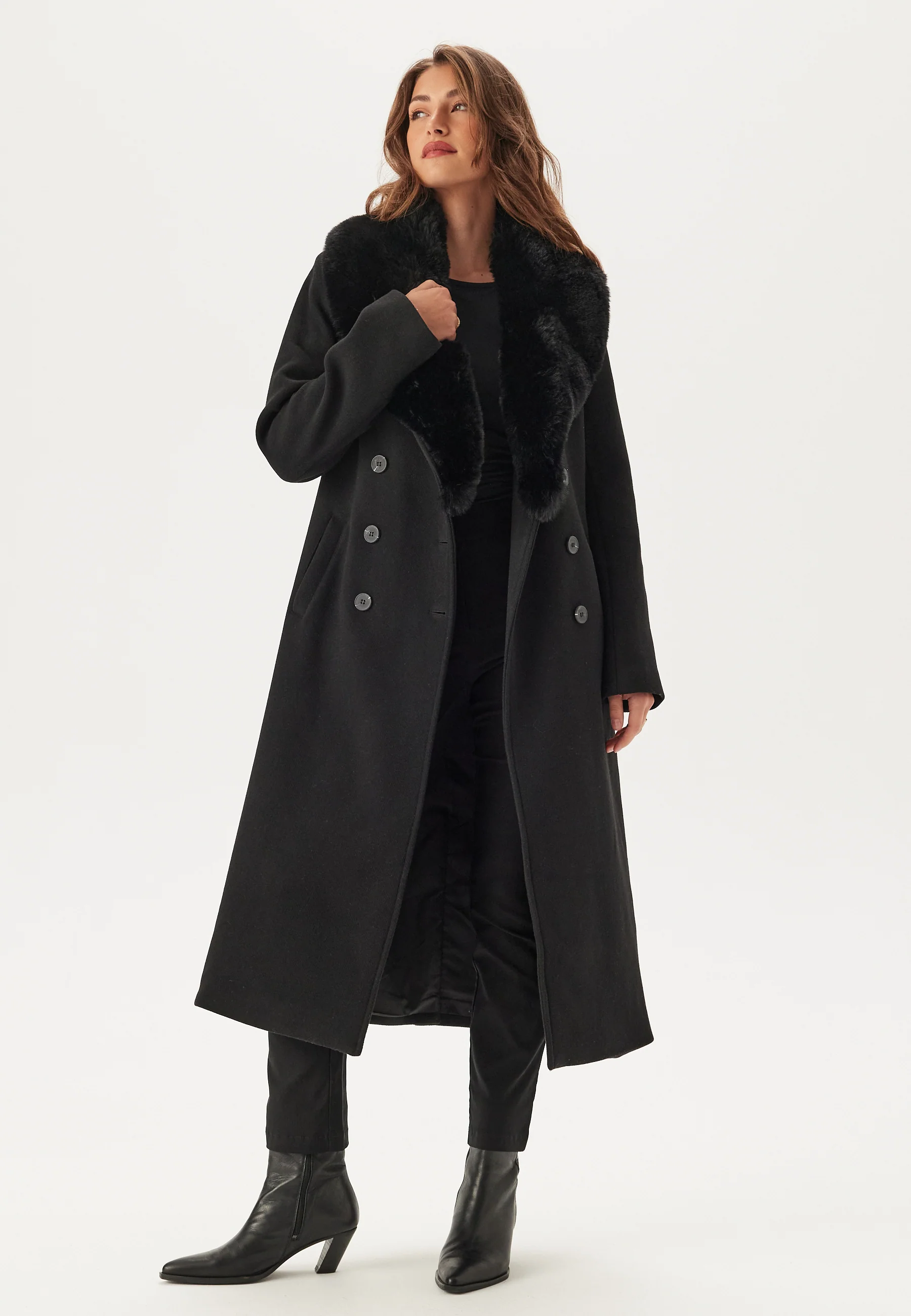 Fur Collar Belted Wool Blend Coat - Image 3