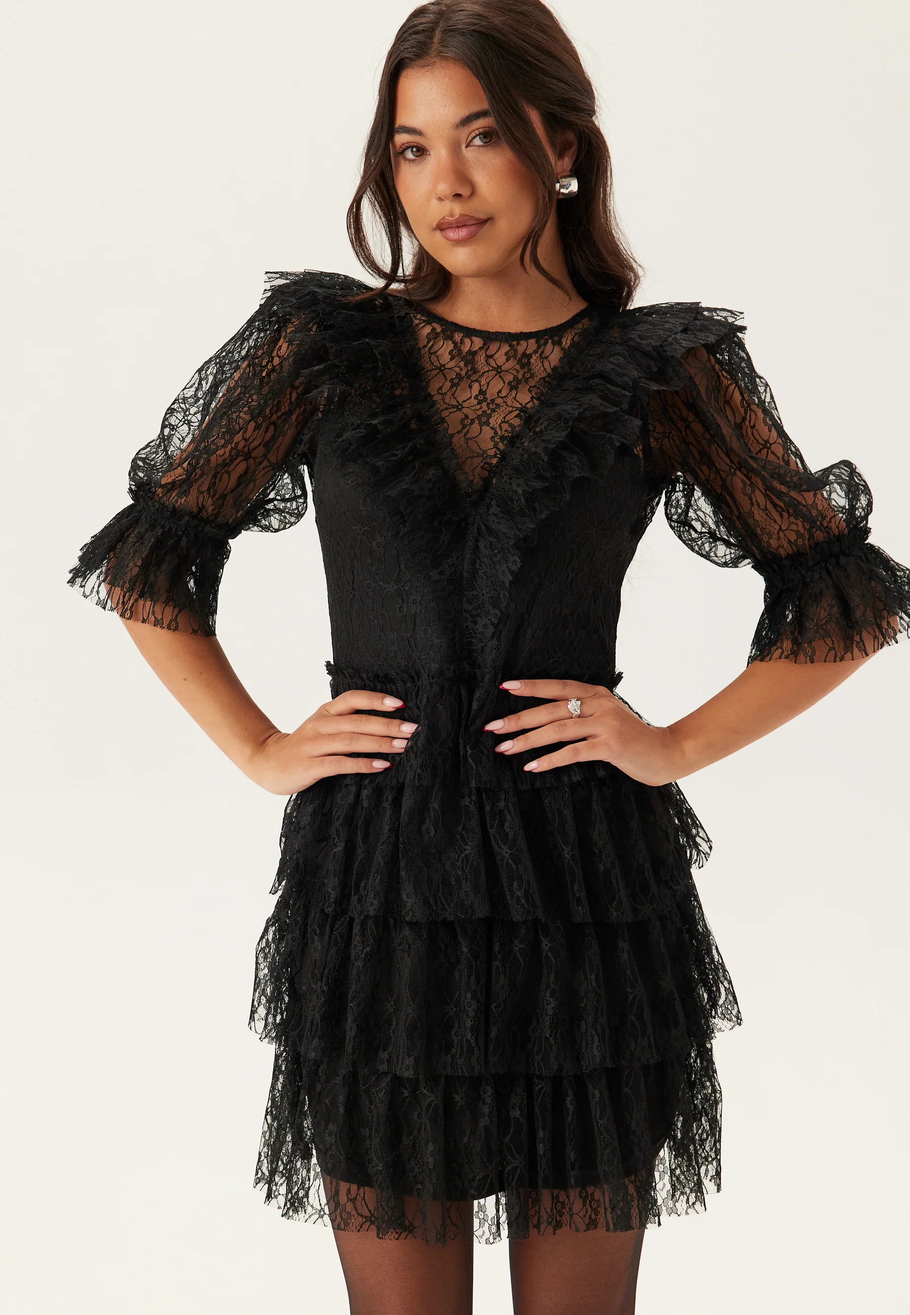 Lace Frill Puff Sleeve Dress - Image 3