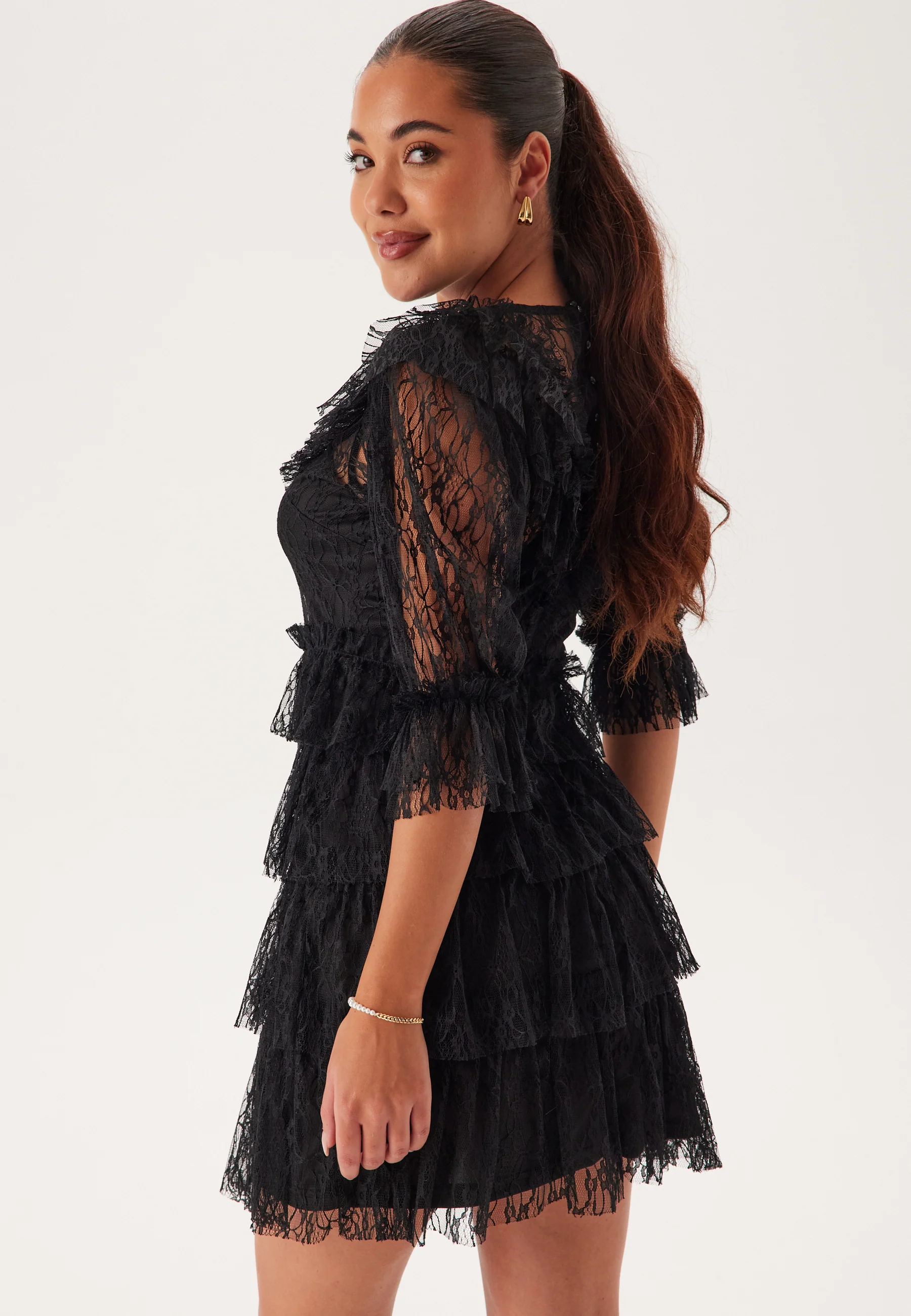 Lace Frill Puff Sleeve Dress - Image 2
