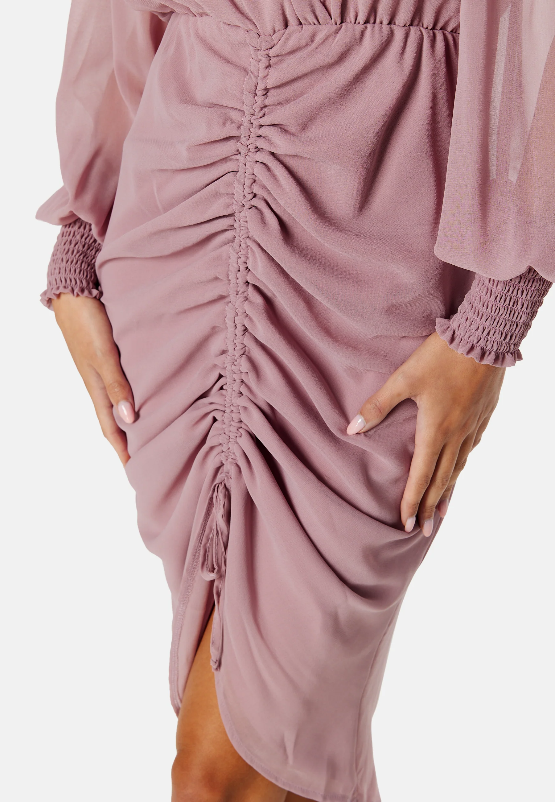 Long Sleeve Chiffon Rouched Midi Dress - Image 3