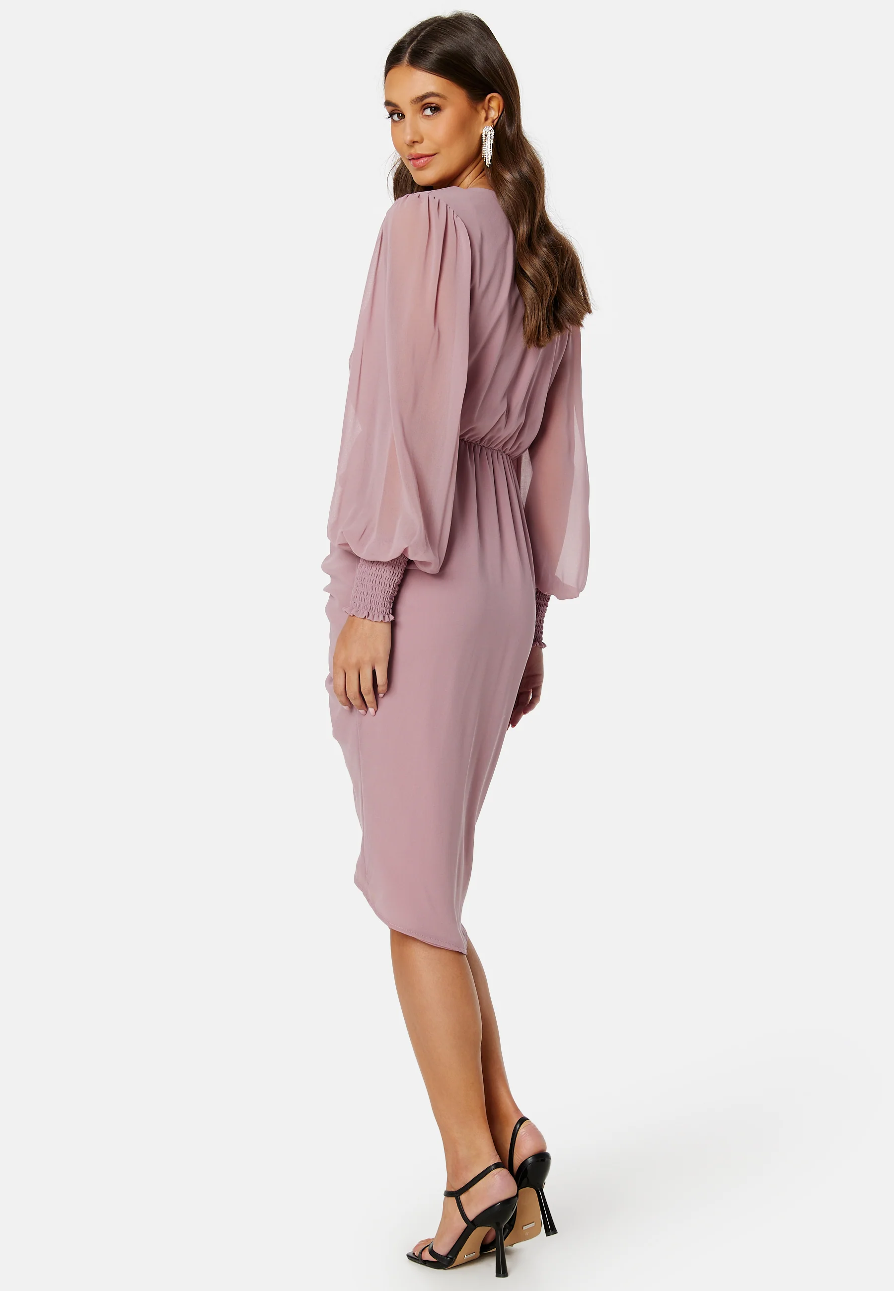 Long Sleeve Chiffon Rouched Midi Dress - Image 4