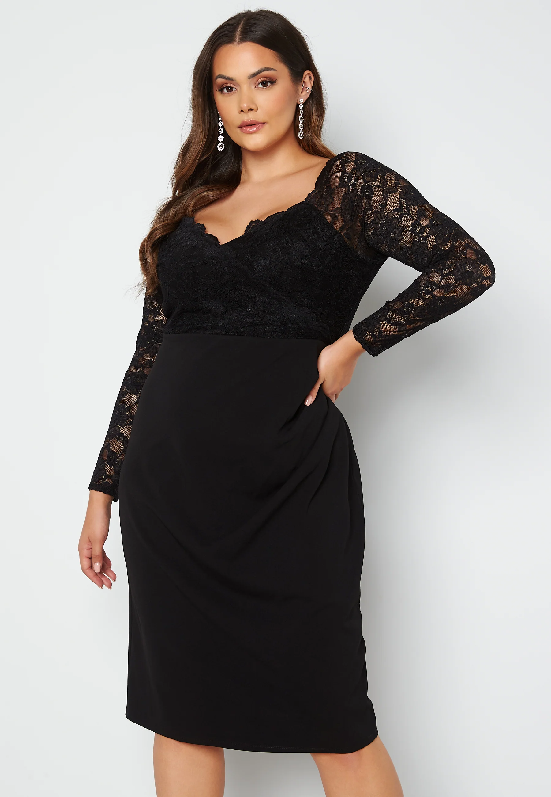Long Sleeve Lace Trim Midi Dress