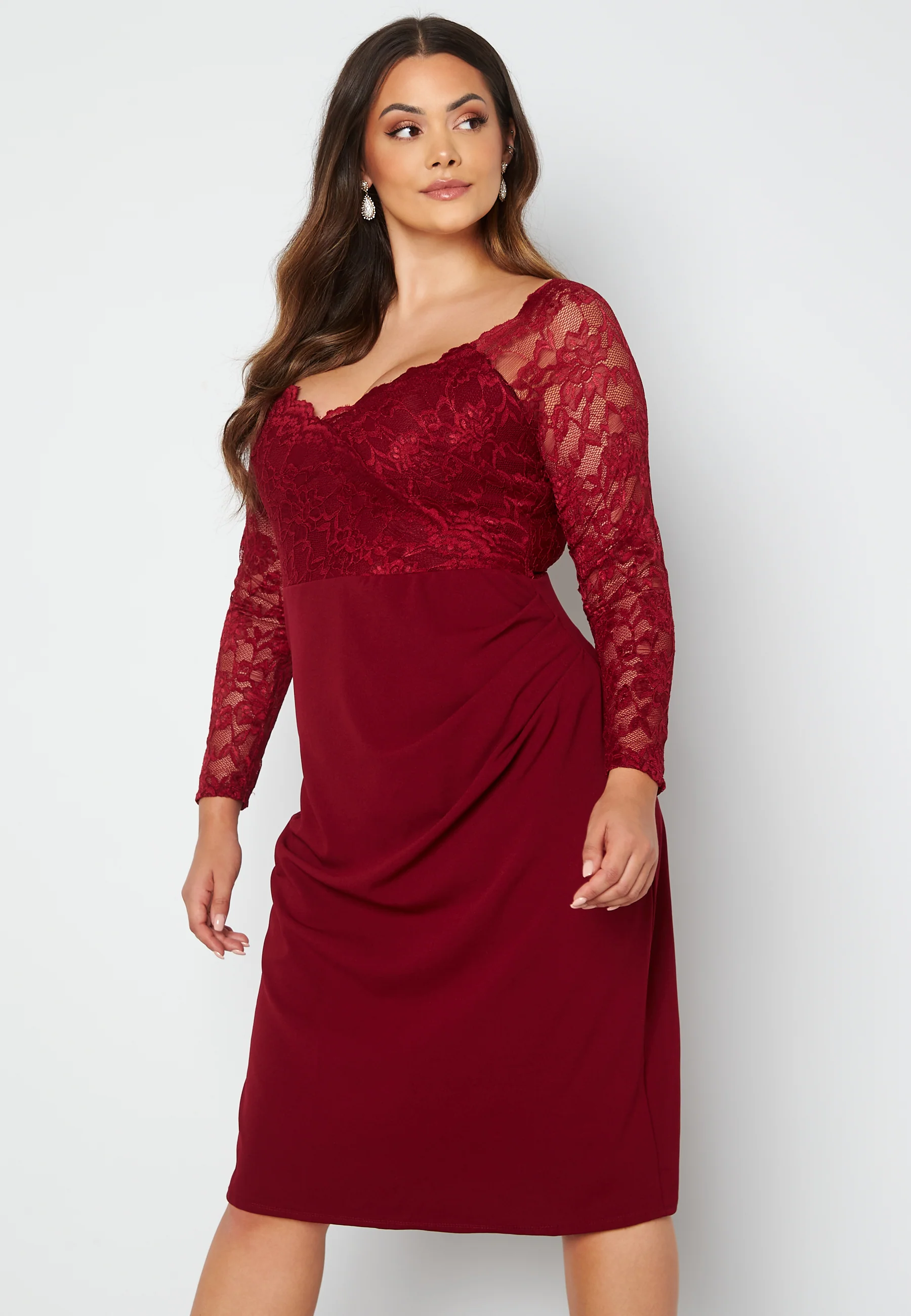 Long Sleeve Lace Trim Midi Dress