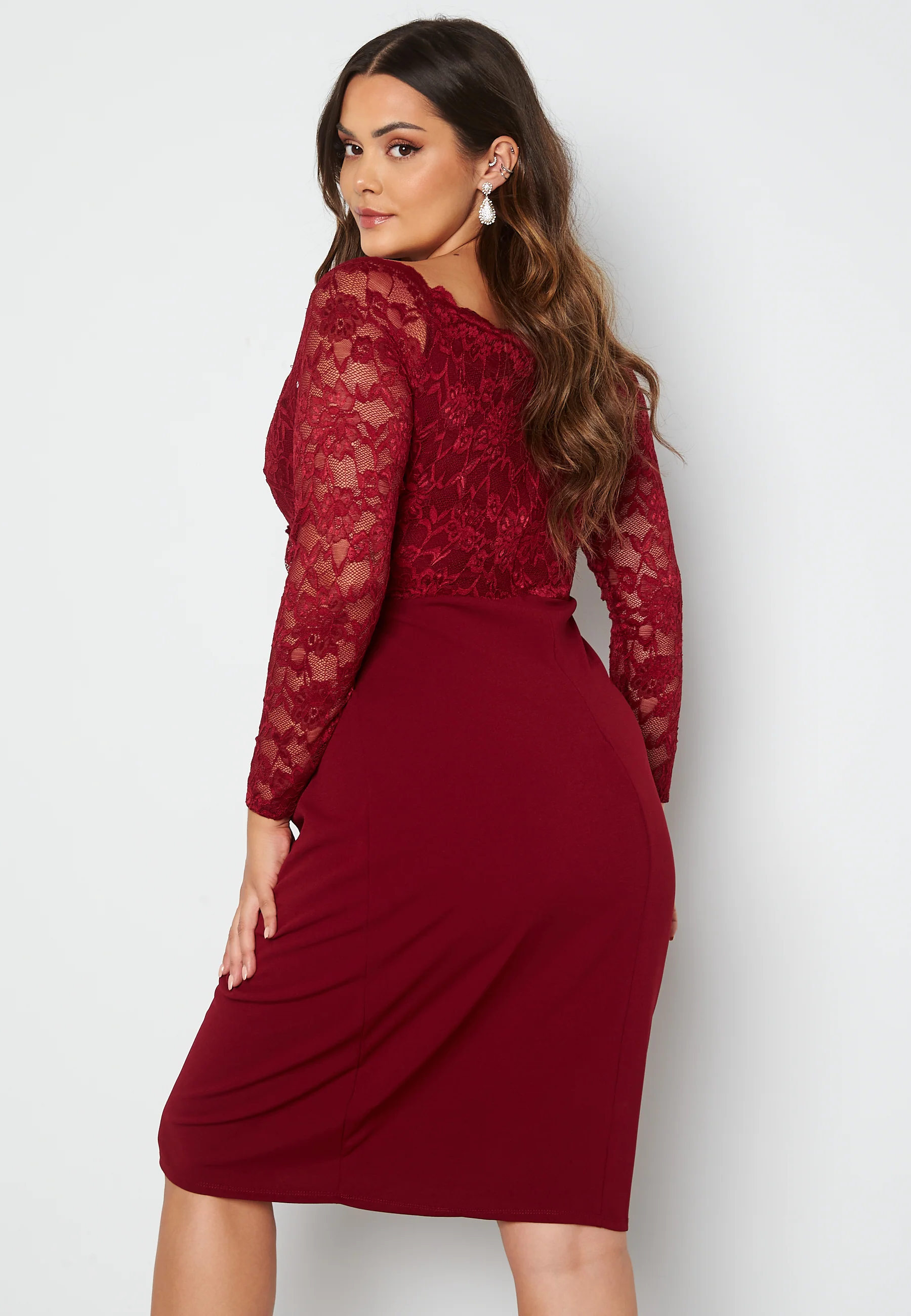 Long Sleeve Lace Trim Midi Dress - Image 3