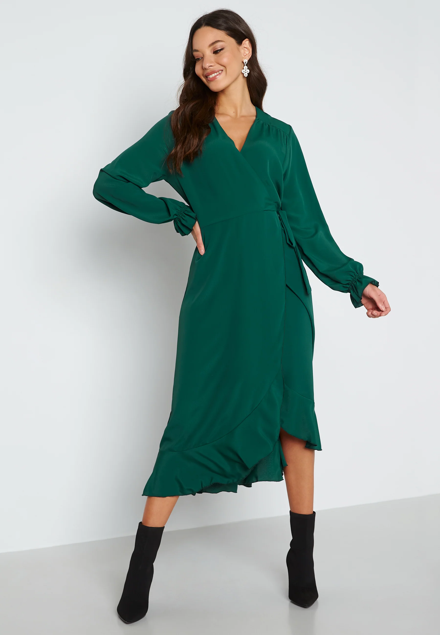 Long Sleeve Wrap Frill Dress - Image 4