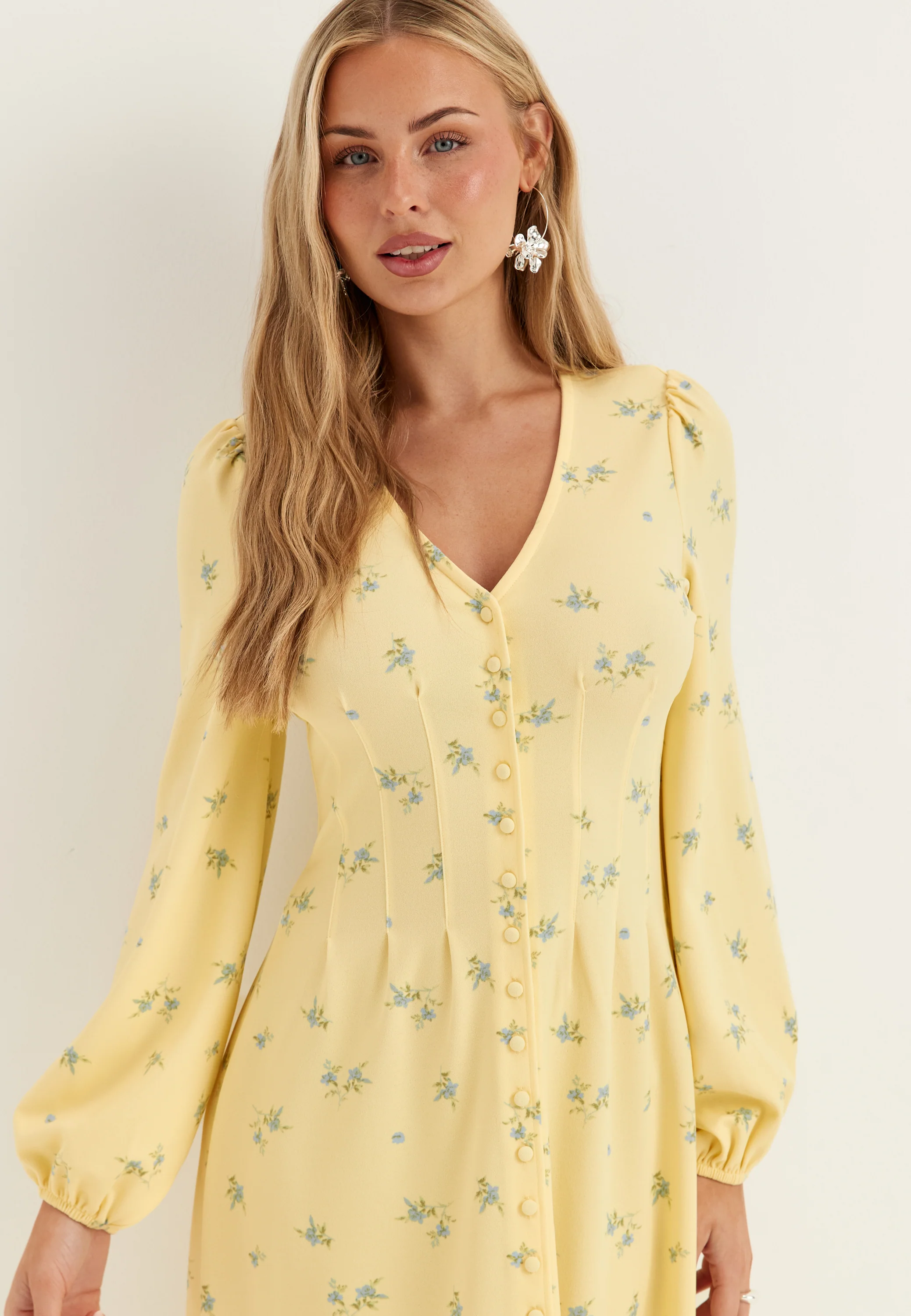 Midi Button Volume Sleeve Dress - Image 3