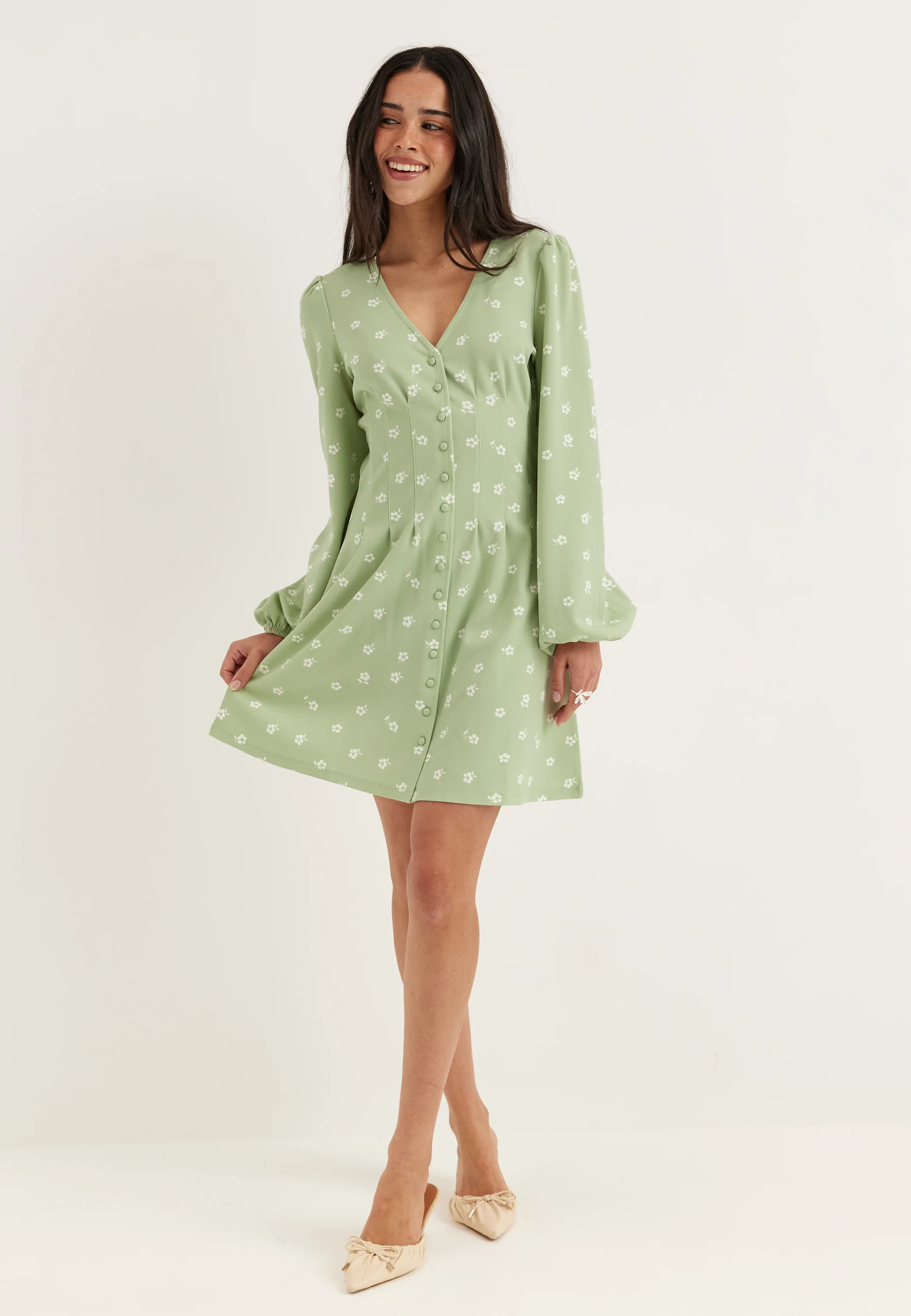 Mini Button Volume Sleeve Dress - Image 4