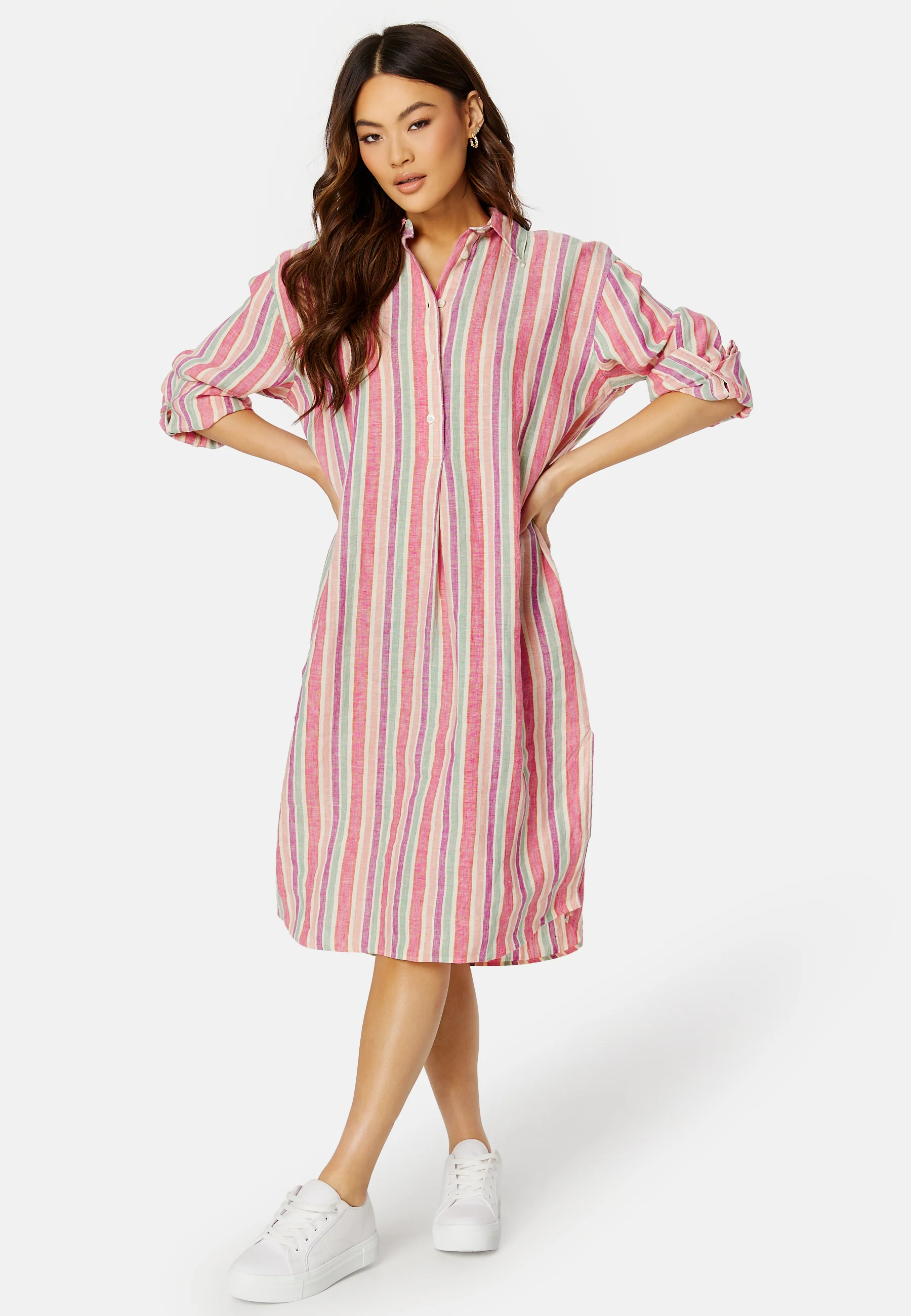 Multistrip Linen Shirt Dress