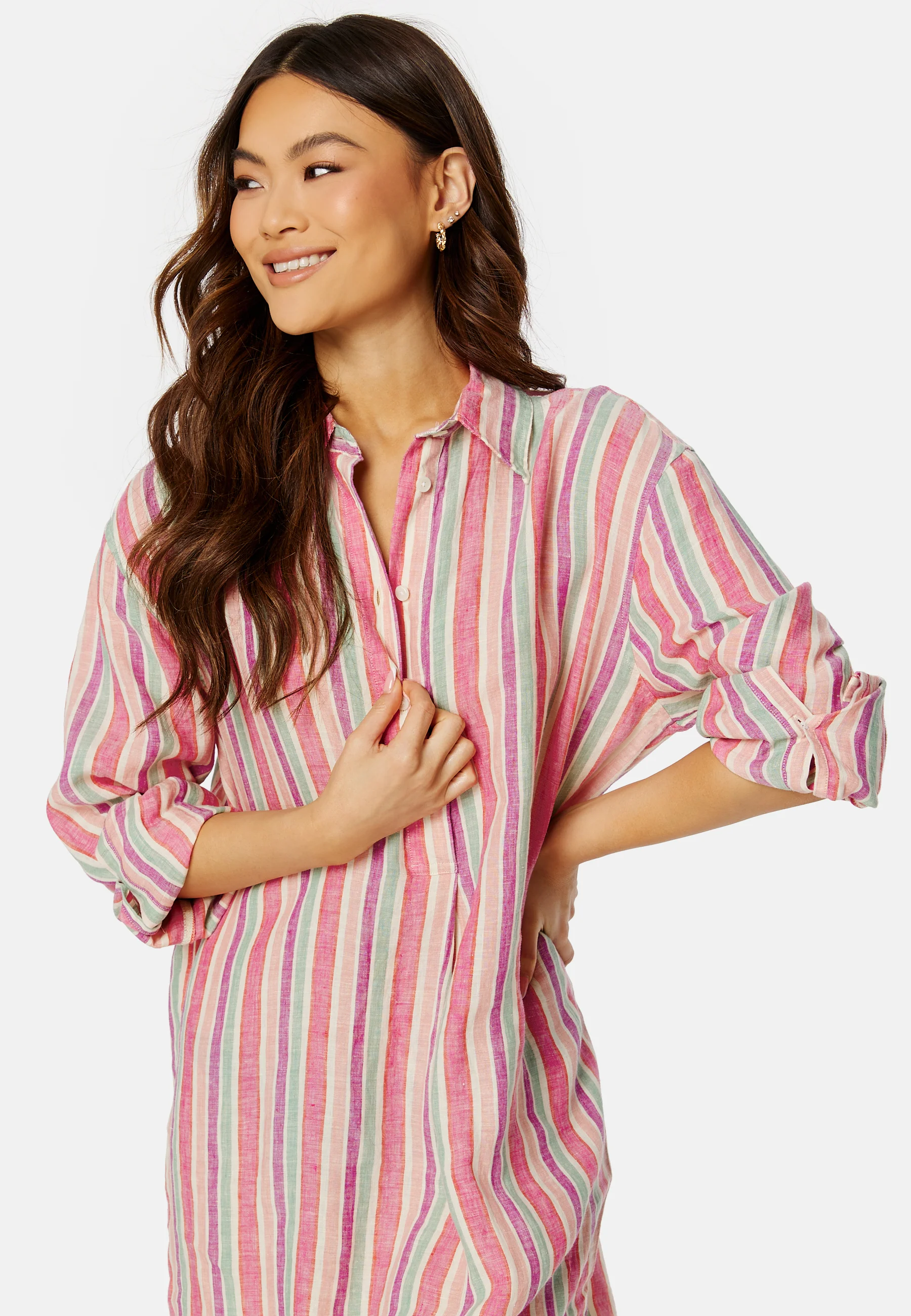 Multistrip Linen Shirt Dress - Image 4