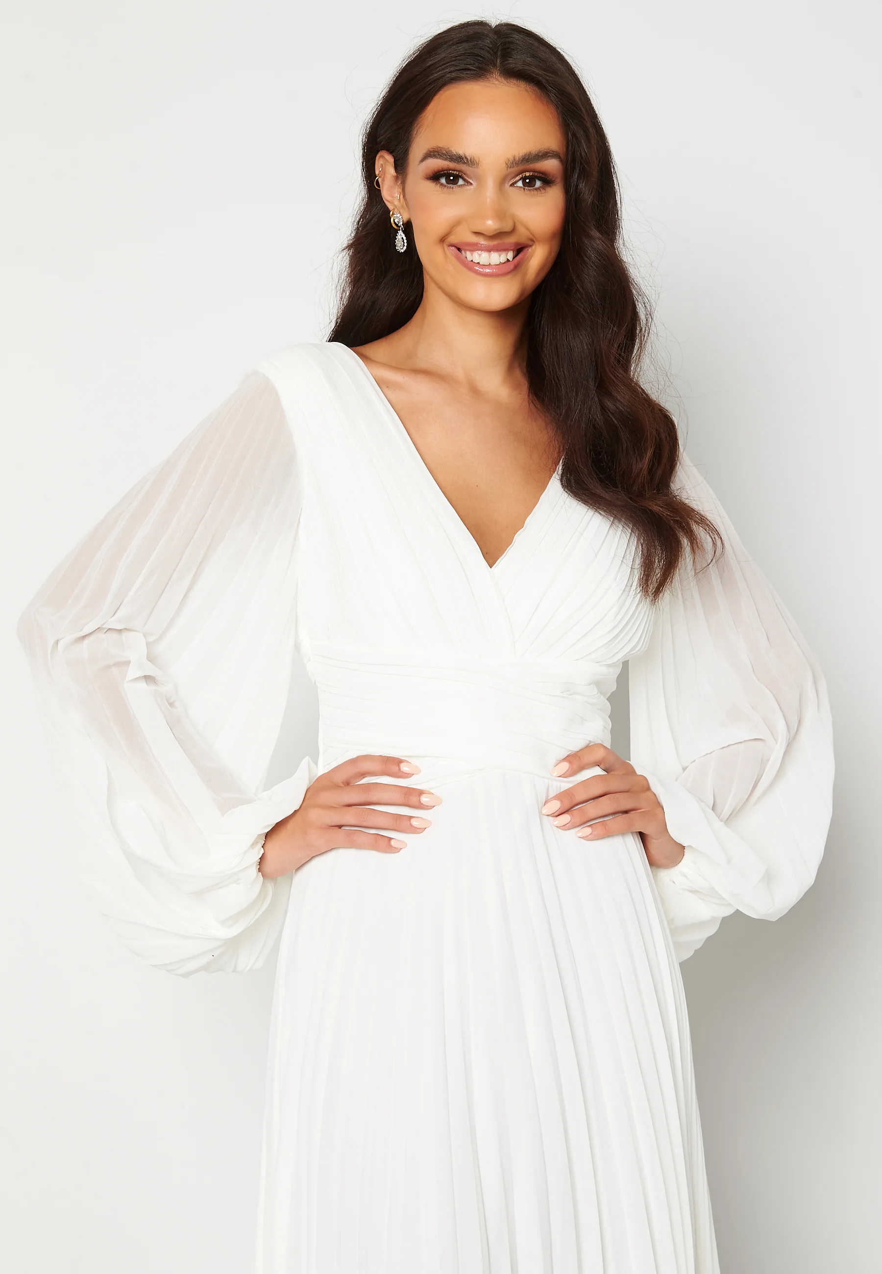 Pleated Balloon Sleeve Maxi Dress White - Image 3