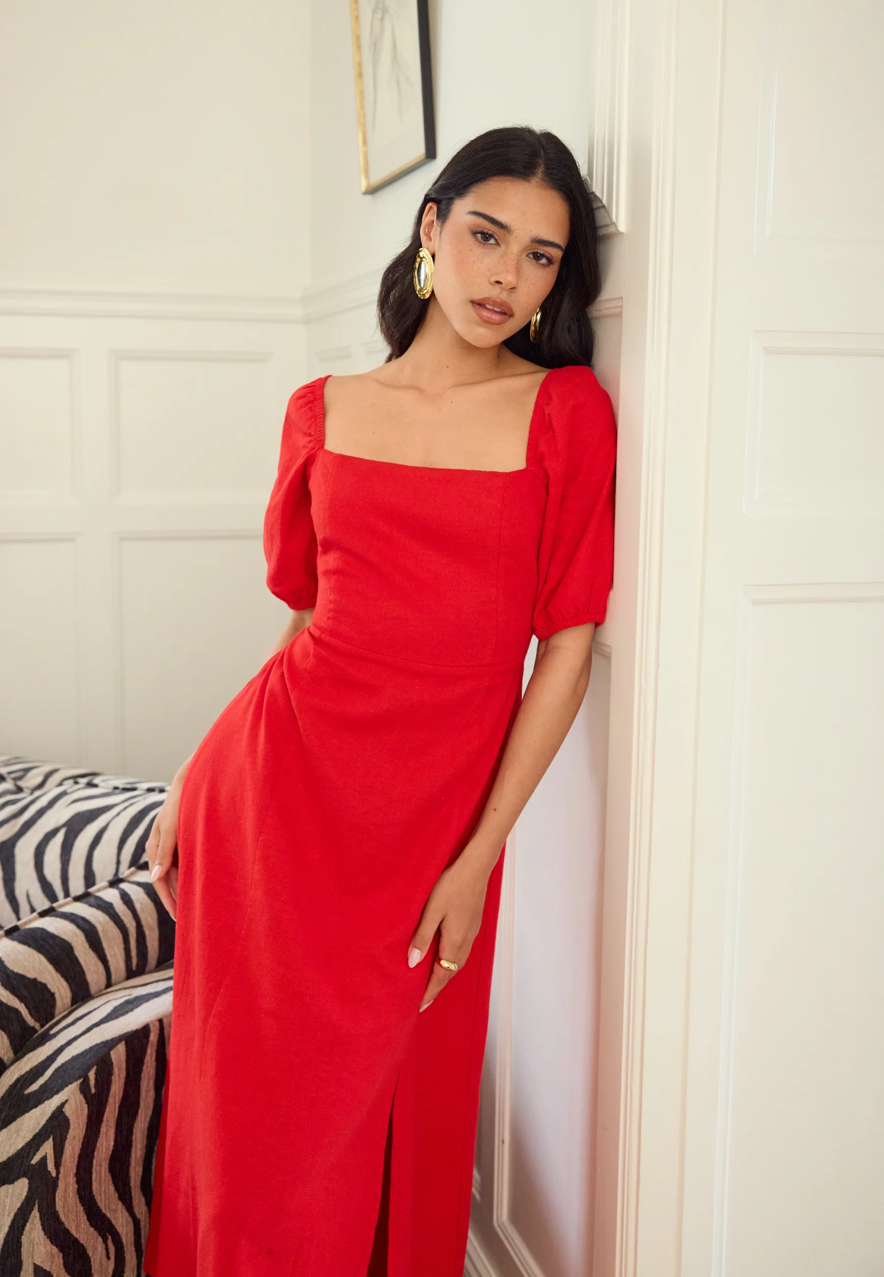 Puff Sleeve Linen Blend Dress - Image 3