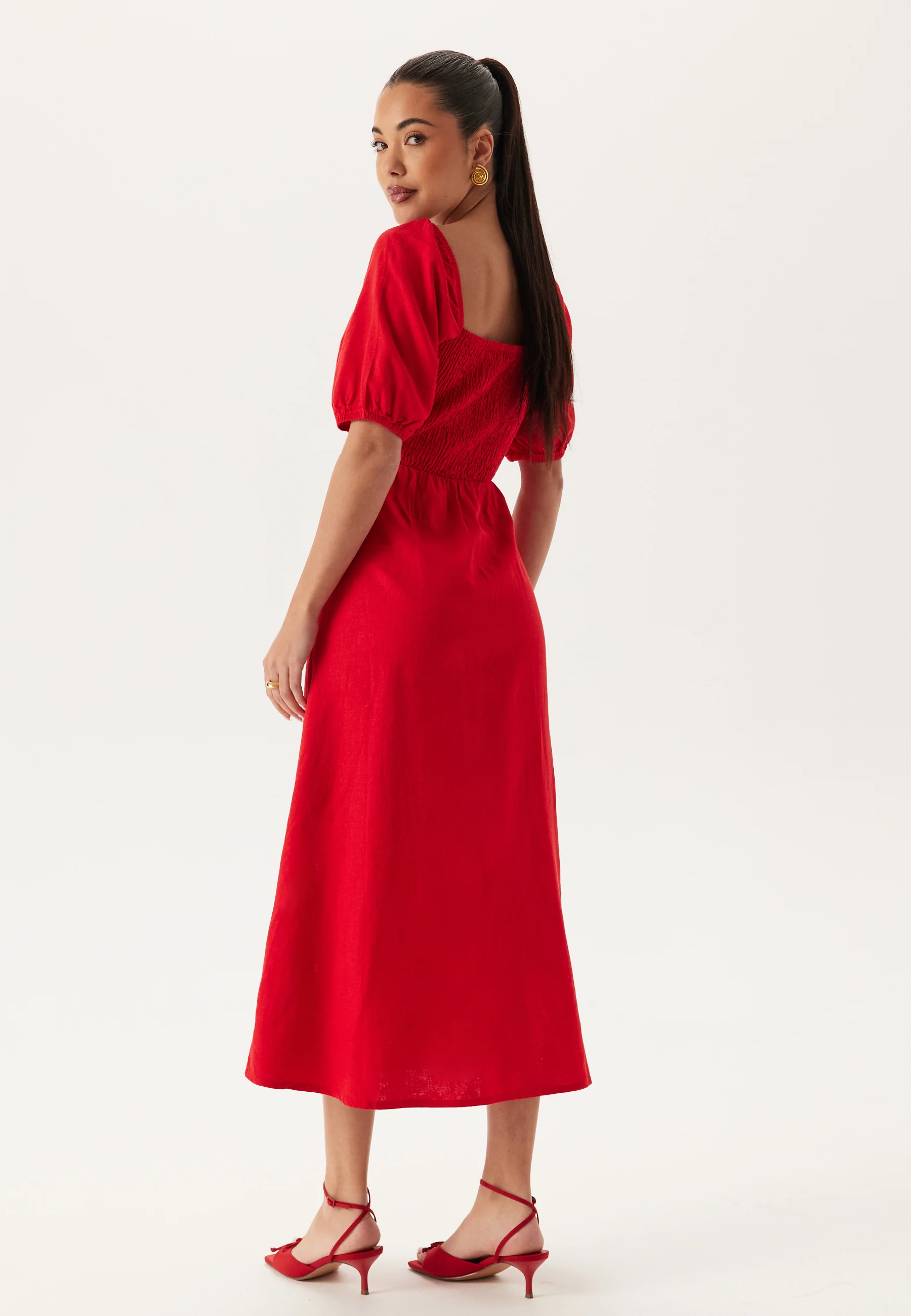 Puff Sleeve Linen Blend Dress - Image 5