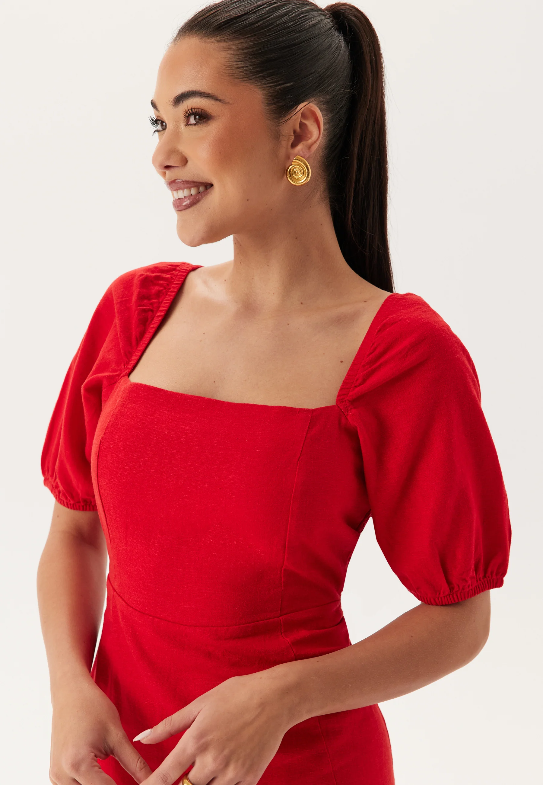 Puff Sleeve Linen Blend Dress - Image 6