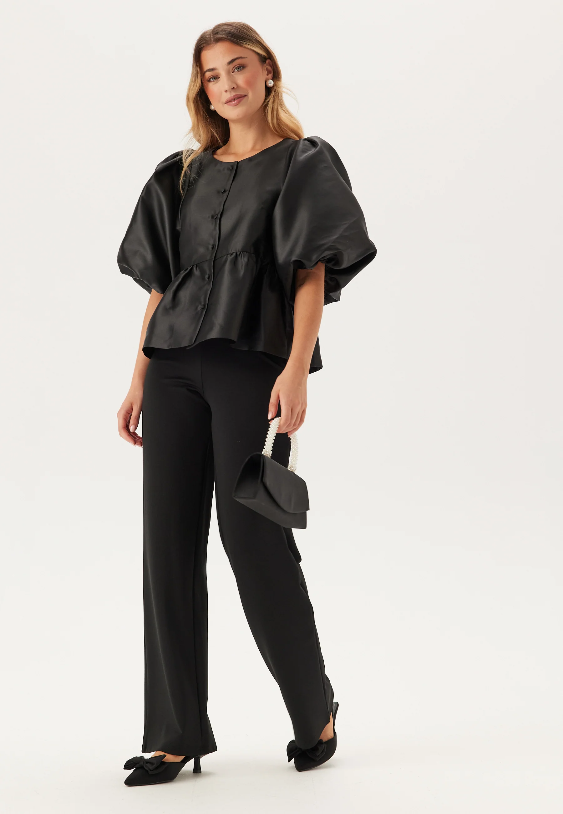 Puff Sleeve Peplum Satin Blouse - Image 3