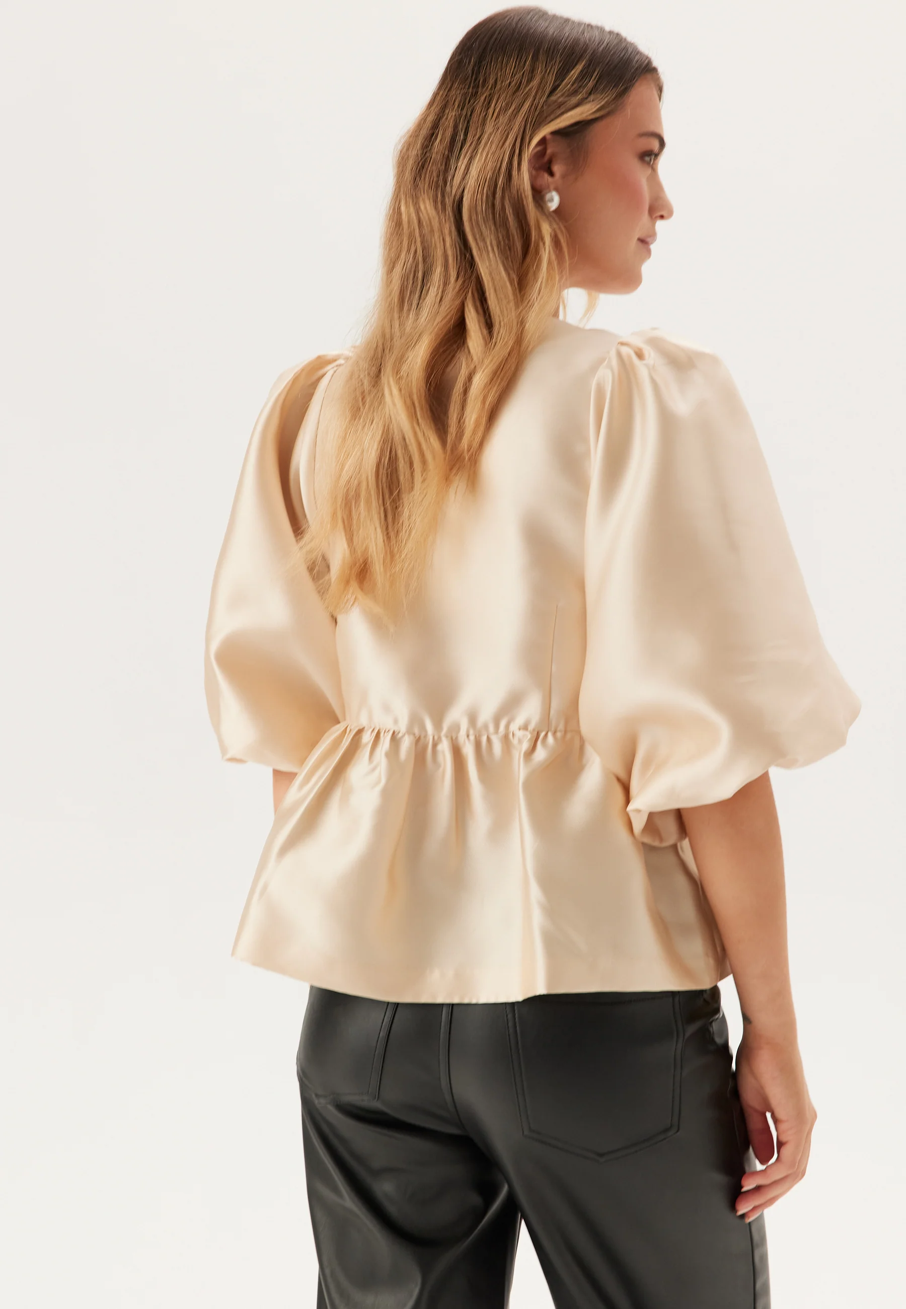 Puff Sleeve Peplum Satin Blouse - Image 2