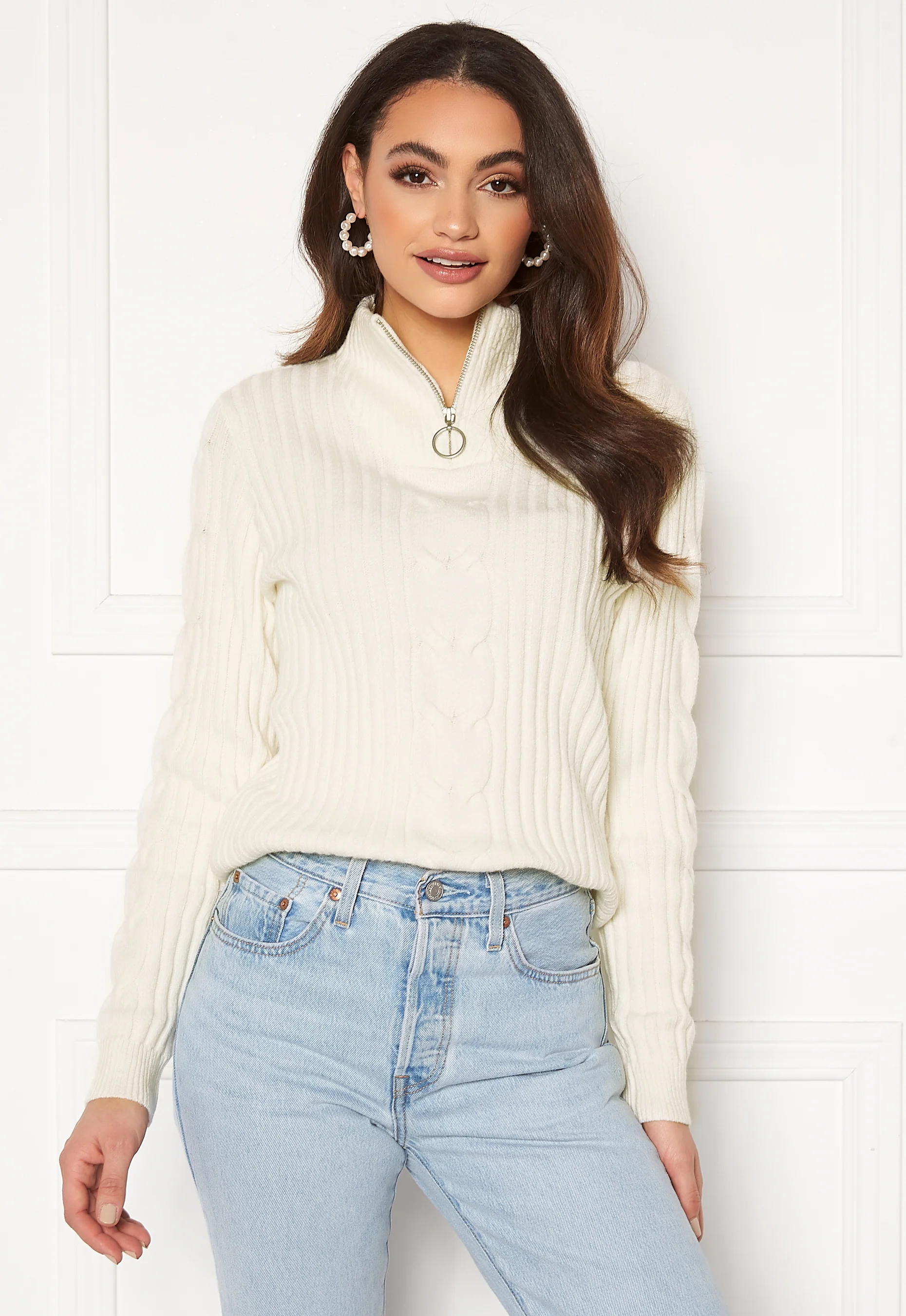 Ril Knit Funnel Zip Neck L/S Top