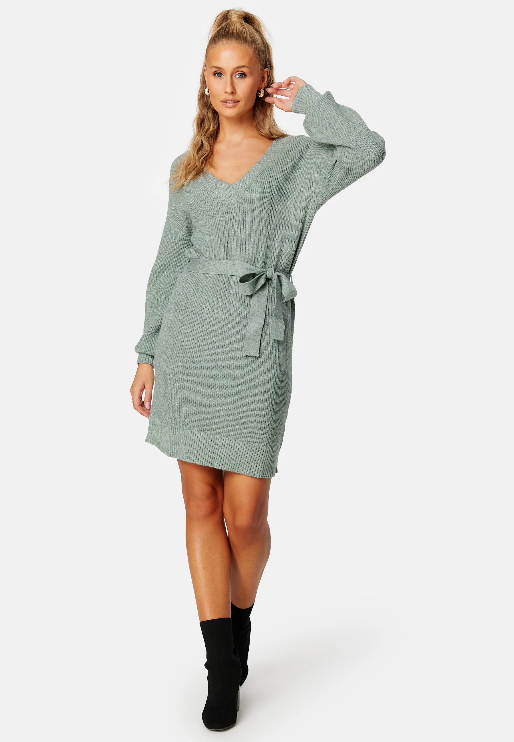 Ril V-Neck L/S Belt Knit Dress - Image 2