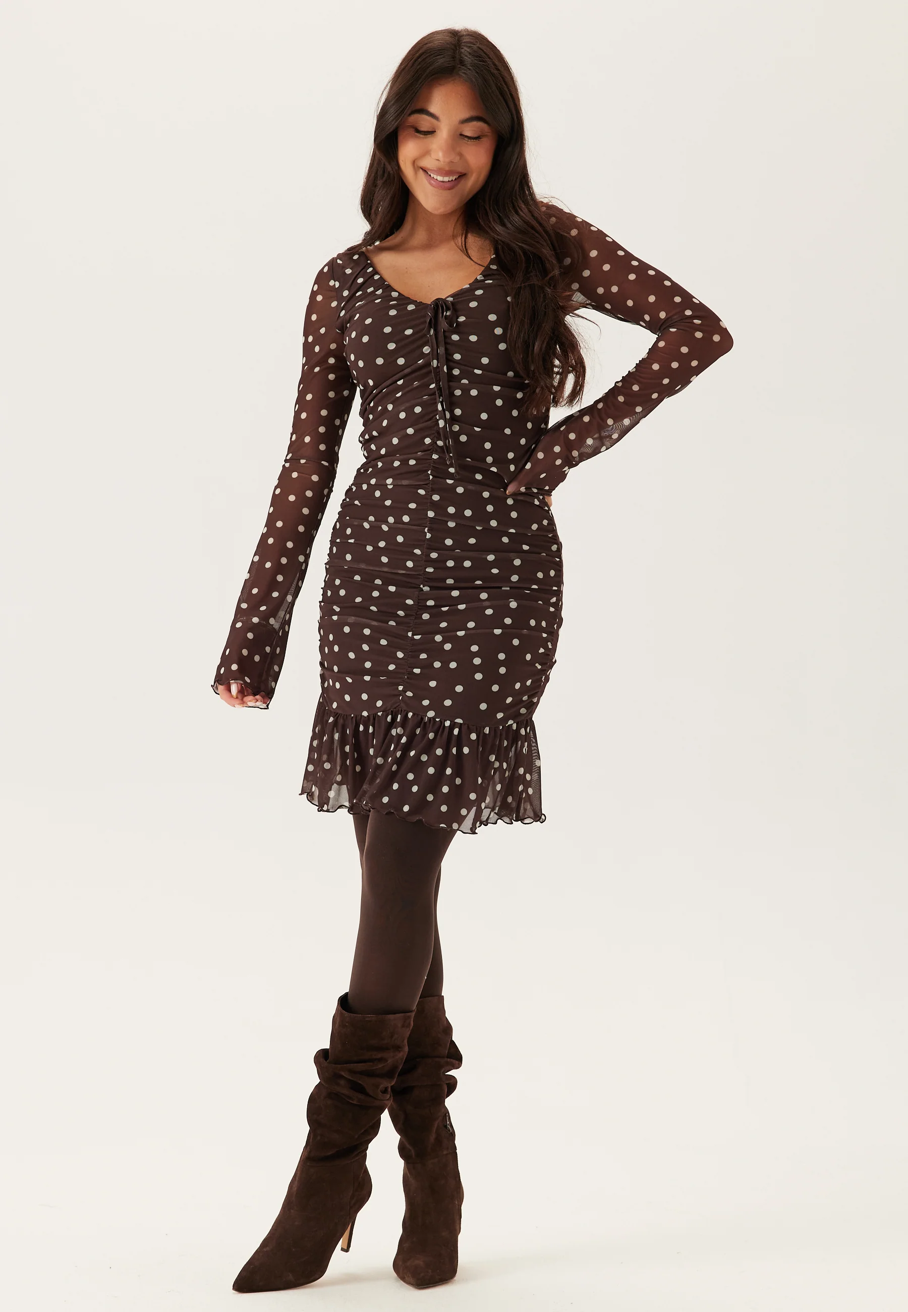 Ruched Mesh Frill Dress - Image 3
