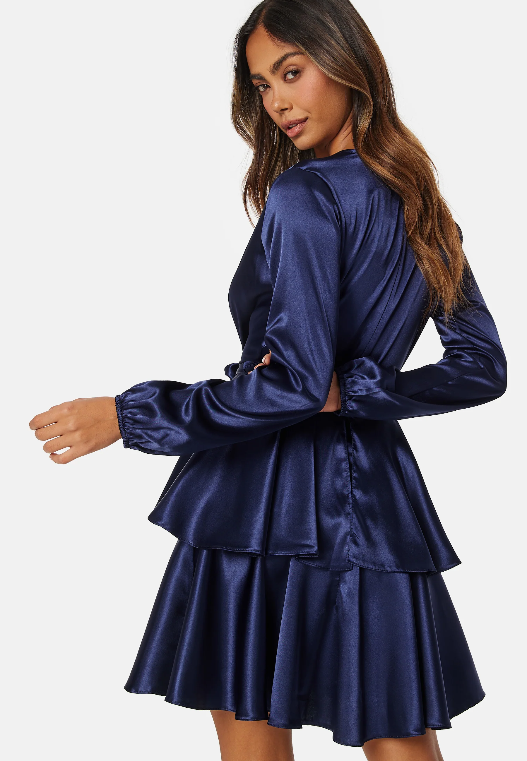 Satin Deep V Ruffle Skater Dress - Image 2