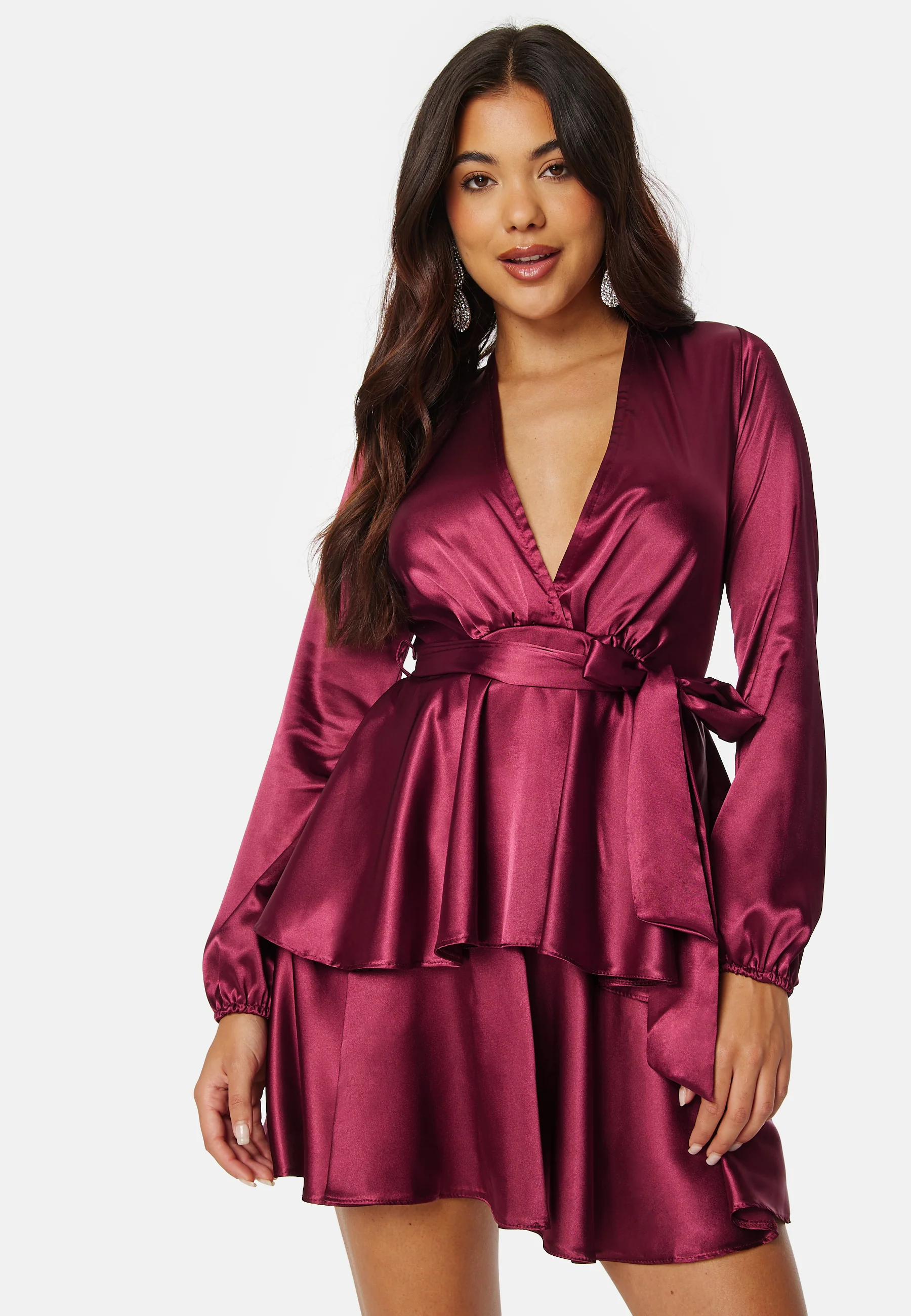 Satin Deep V Ruffle Skater Dress