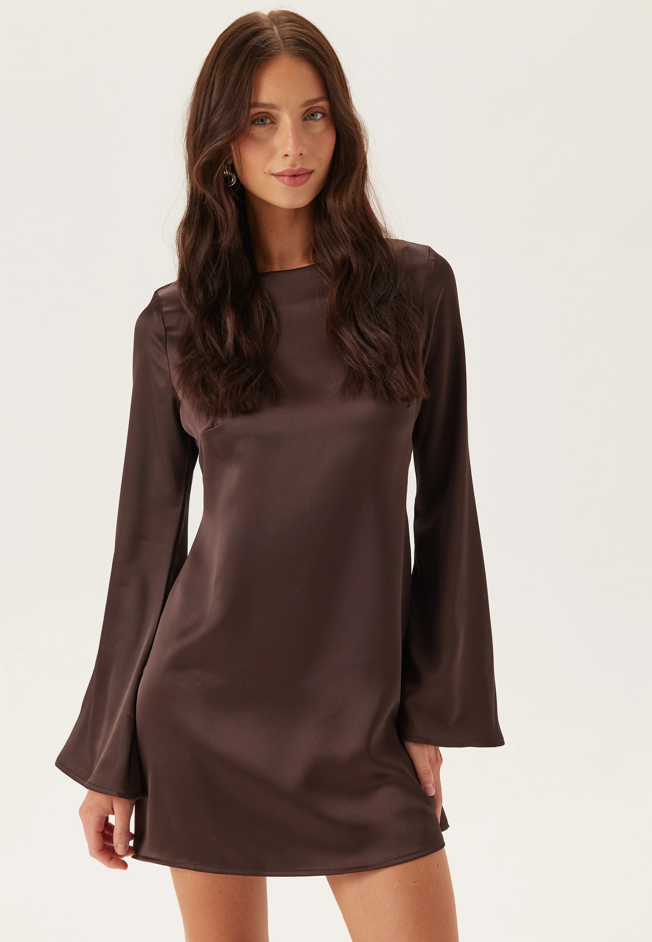 Satin Trumpet Sleeve Short Dress - Image 2