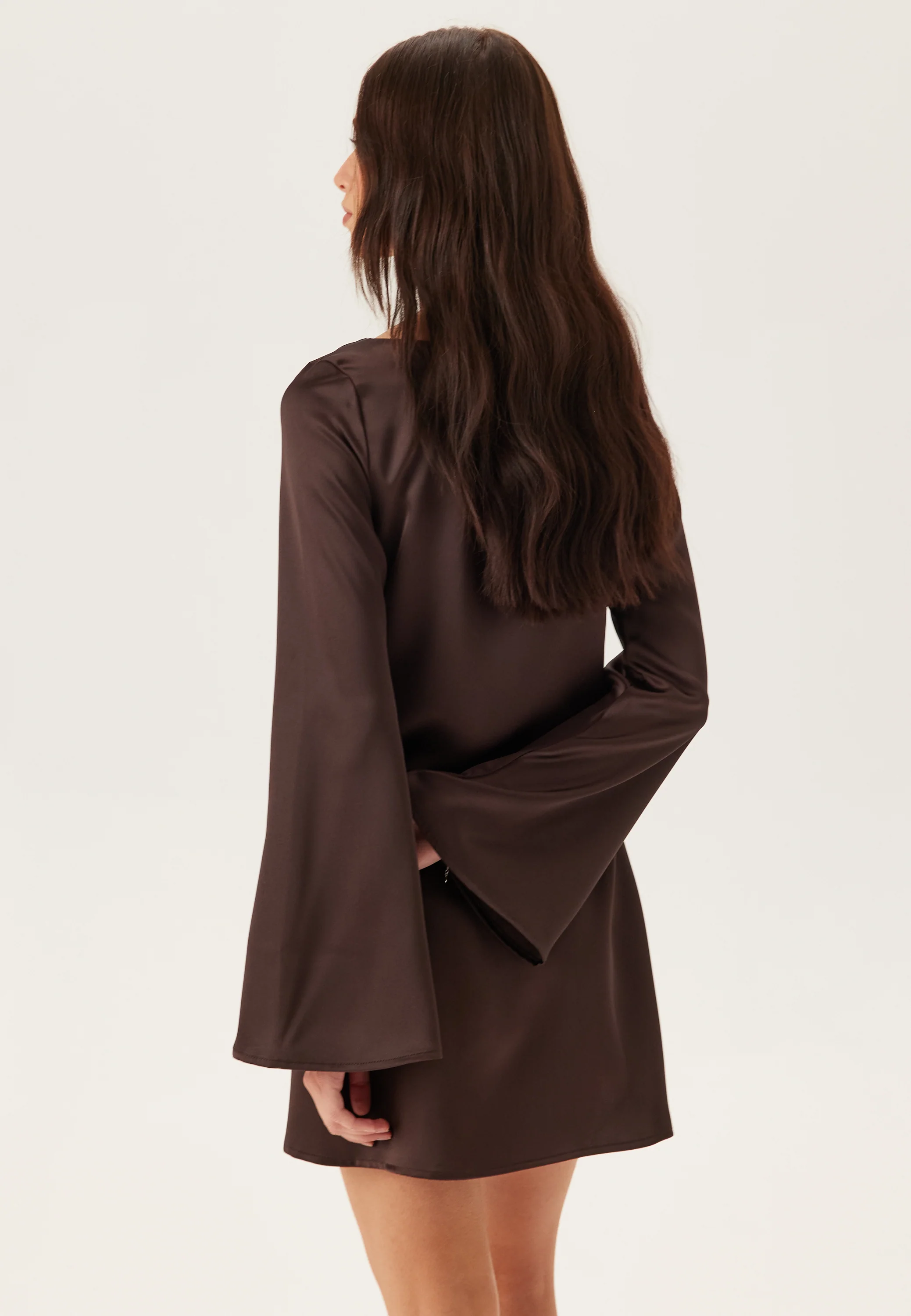 Satin Trumpet Sleeve Short Dress - Image 3